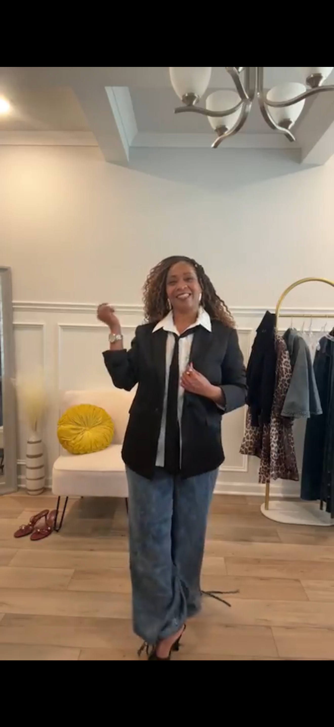 Satin Blazer & Tailored & Tied Oversized Shirt & Cinch Hem Wide Leg Jean