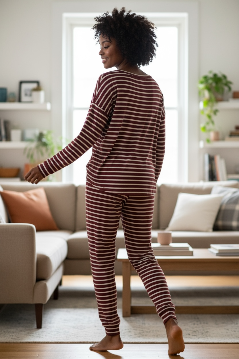 French Terry Animal Mix Lounge Set - Striped Print: Burgundy