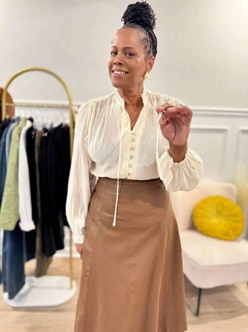Button Front Tie Neck Blouse