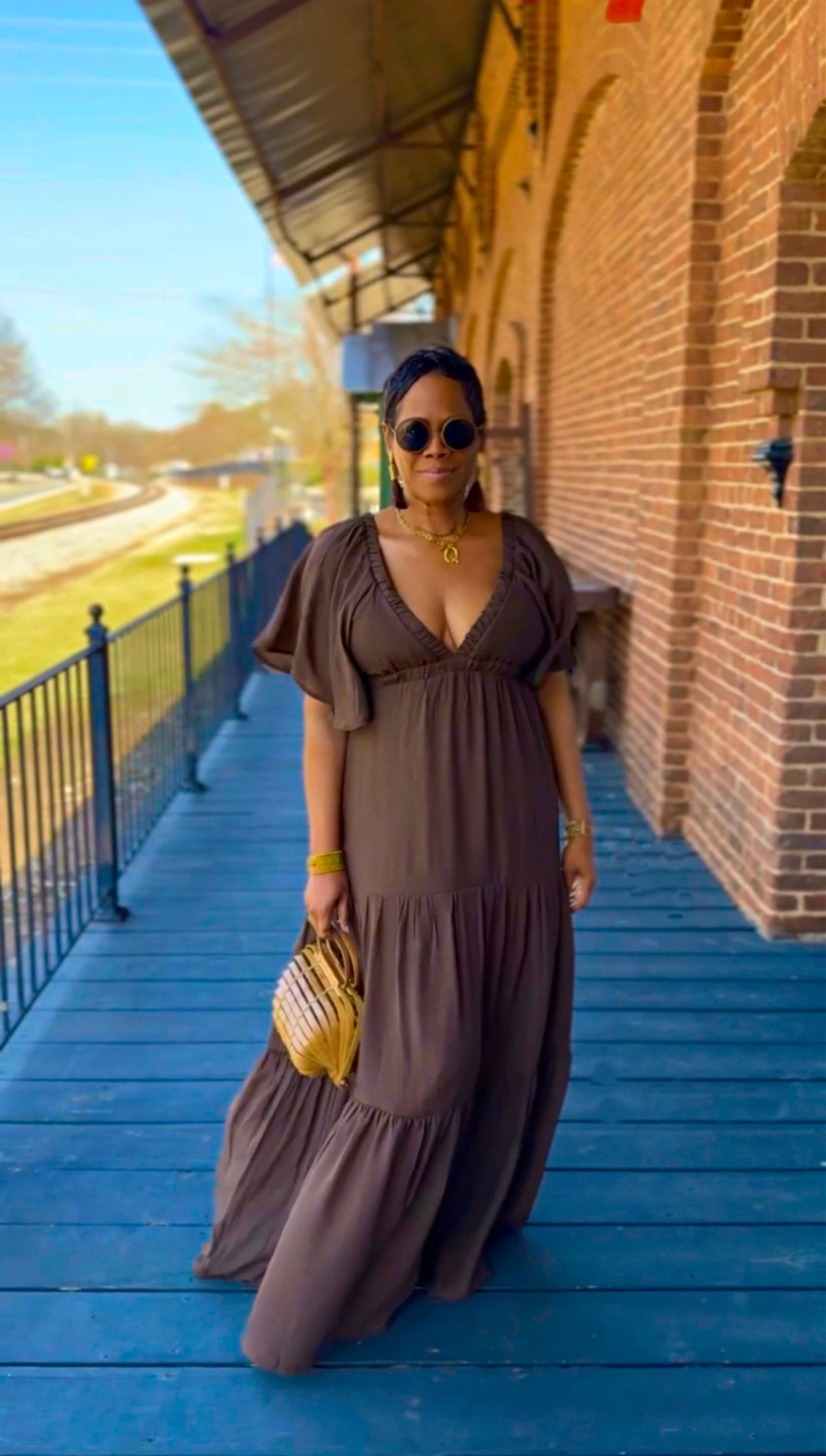V-Neck Flowy Sleeves Tiered Maxi Dress: MOCHA