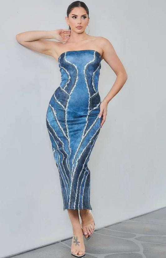 The Denim Effect Print Maxi Dress