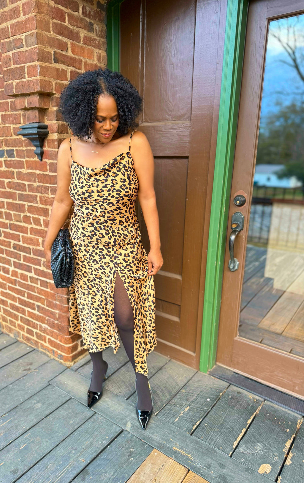 SATIN LEOPARD PRINT FRONT SLIT DRESS: Leopard