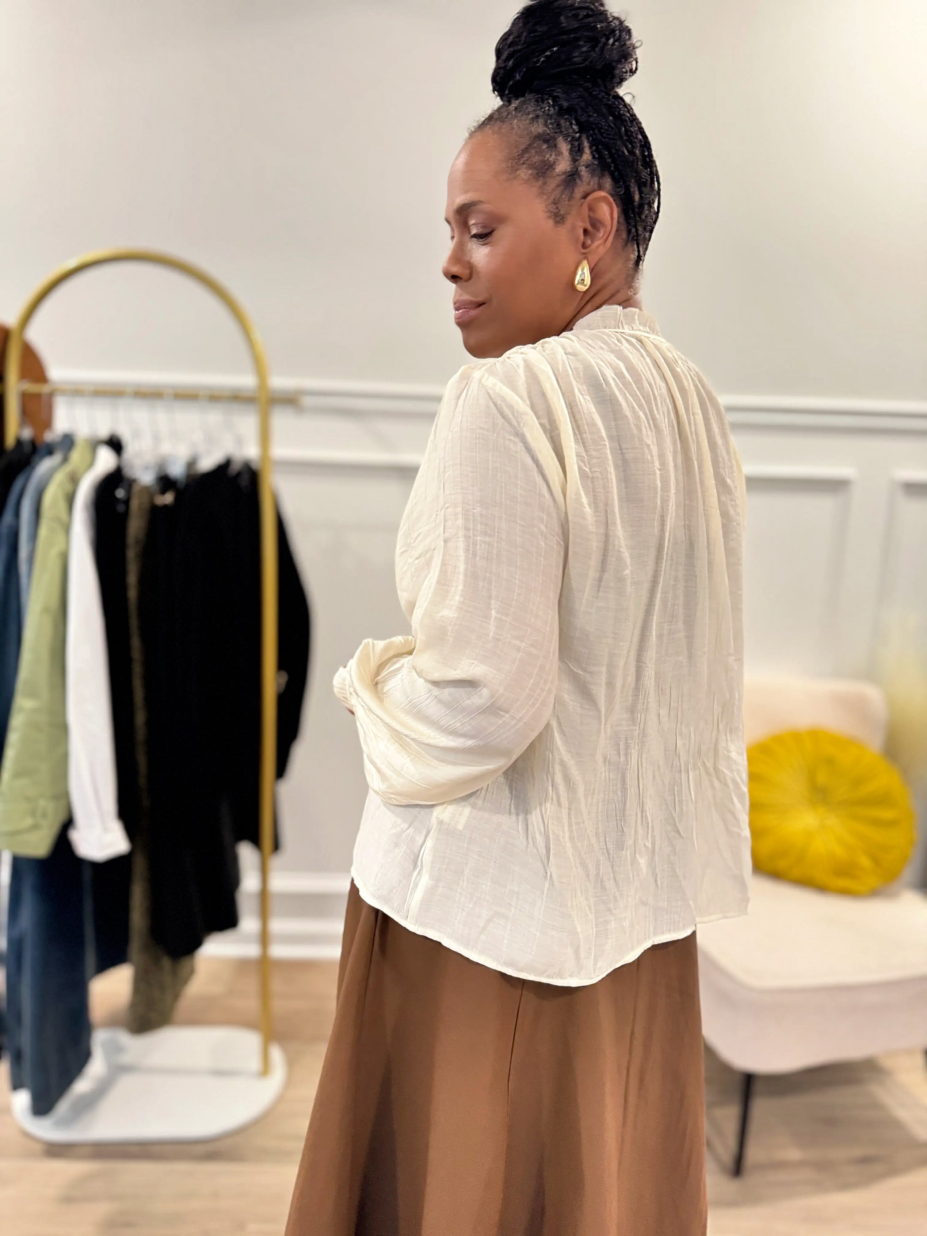 Button Front Tie Neck Blouse