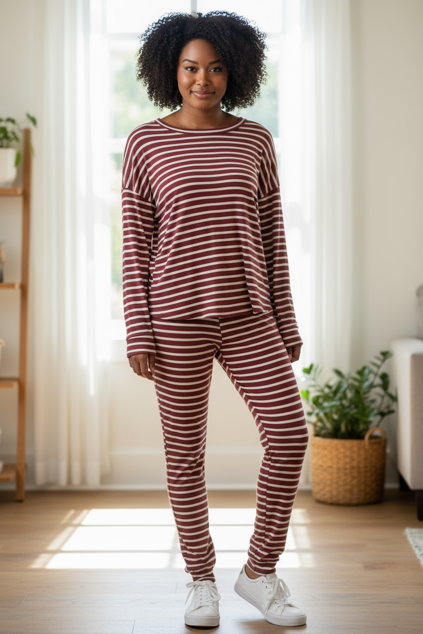 French Terry Animal Mix Lounge Set - Striped Print: Burgundy