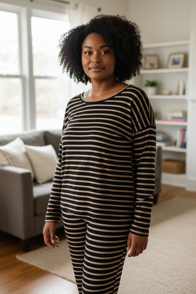 French Terry Animal Mix Lounge Set - Striped Print: Black