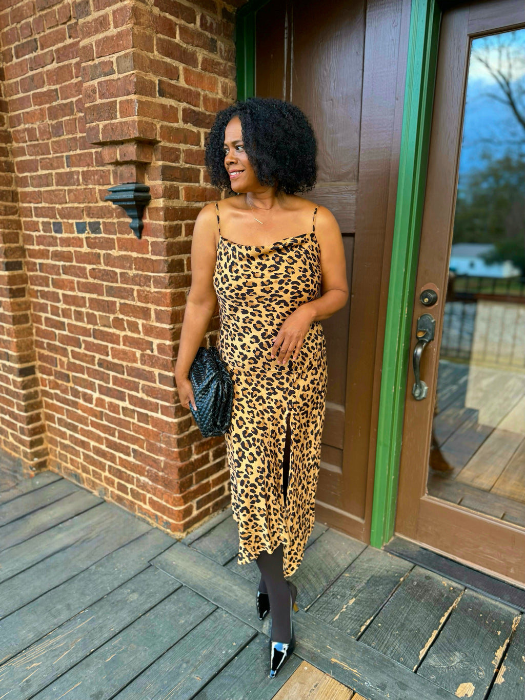 SATIN LEOPARD PRINT FRONT SLIT DRESS: Leopard