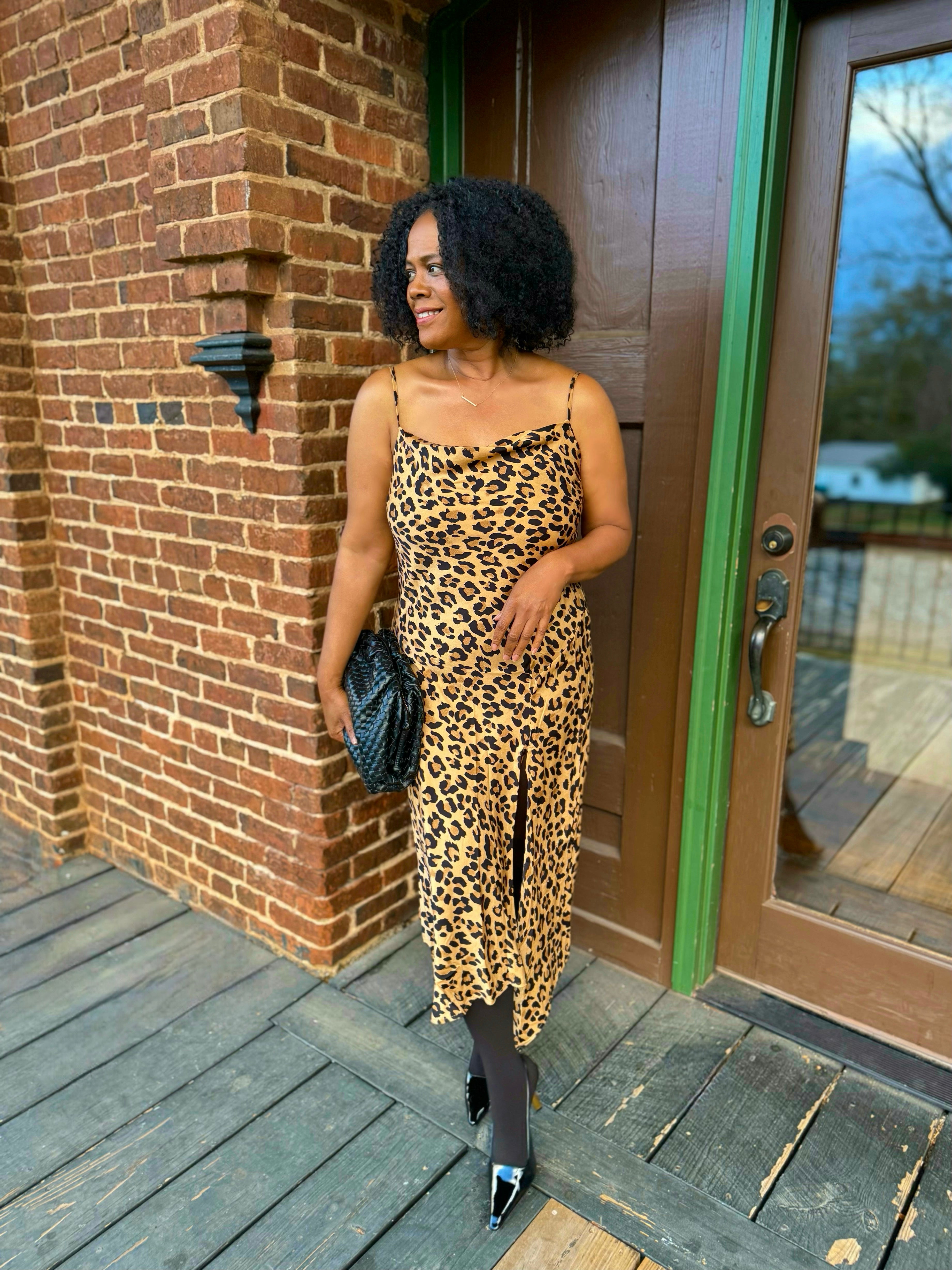 SATIN LEOPARD PRINT FRONT SLIT DRESS: Leopard