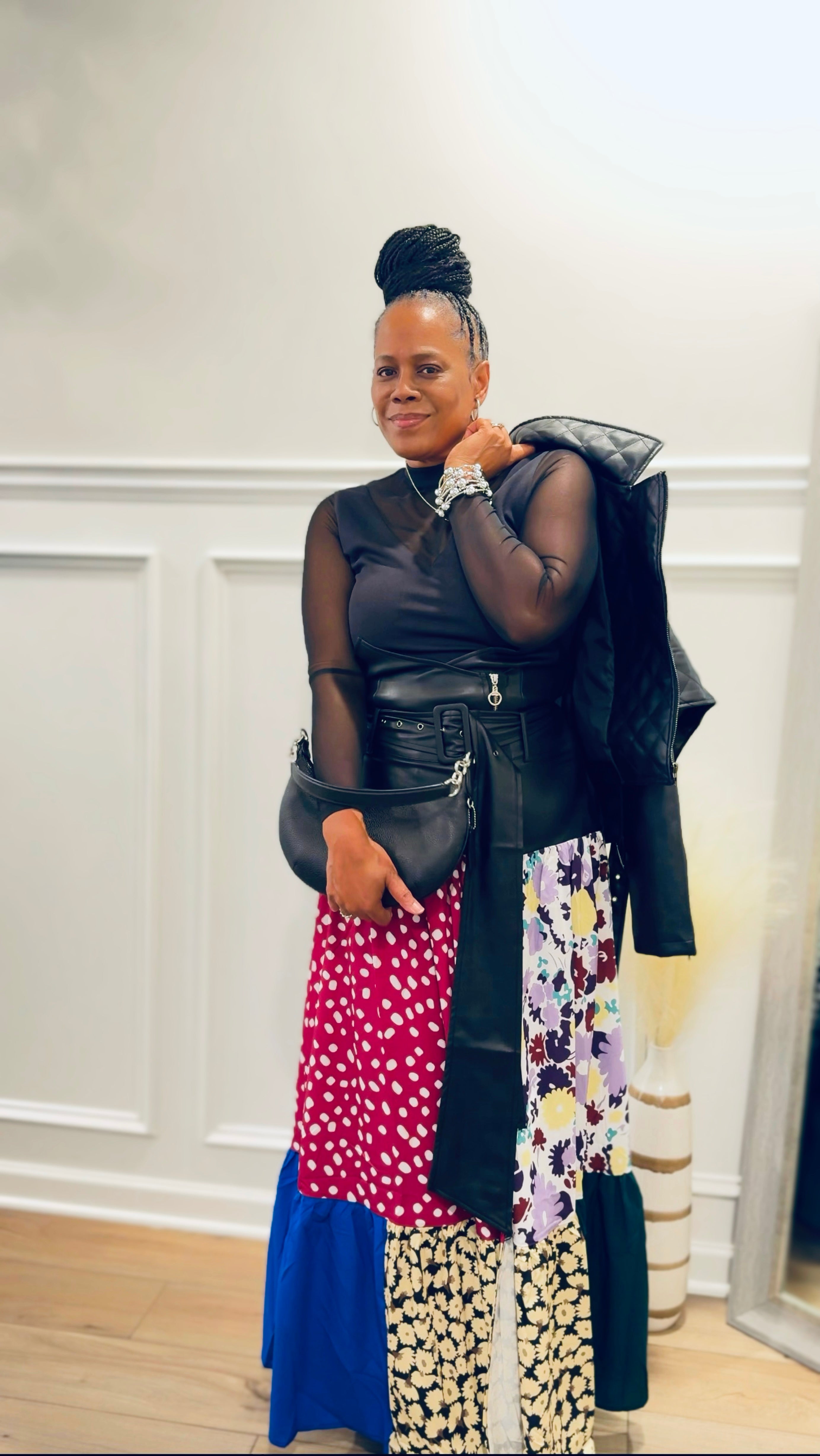 High Waisted Vegan Leather With Patch Print Maxi skirt