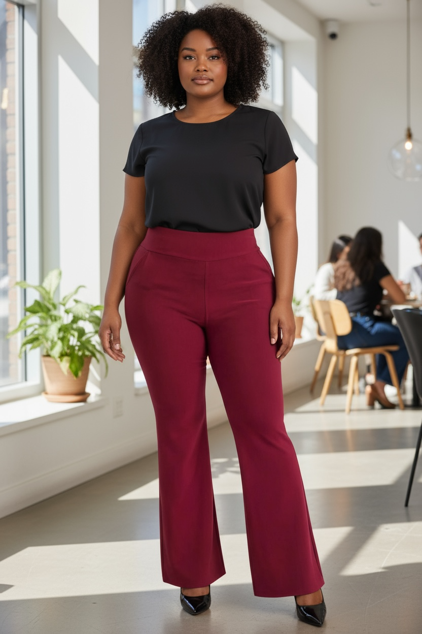 Womens Plus Size High Waist Flare Pants W/ Pockets: Burgundy