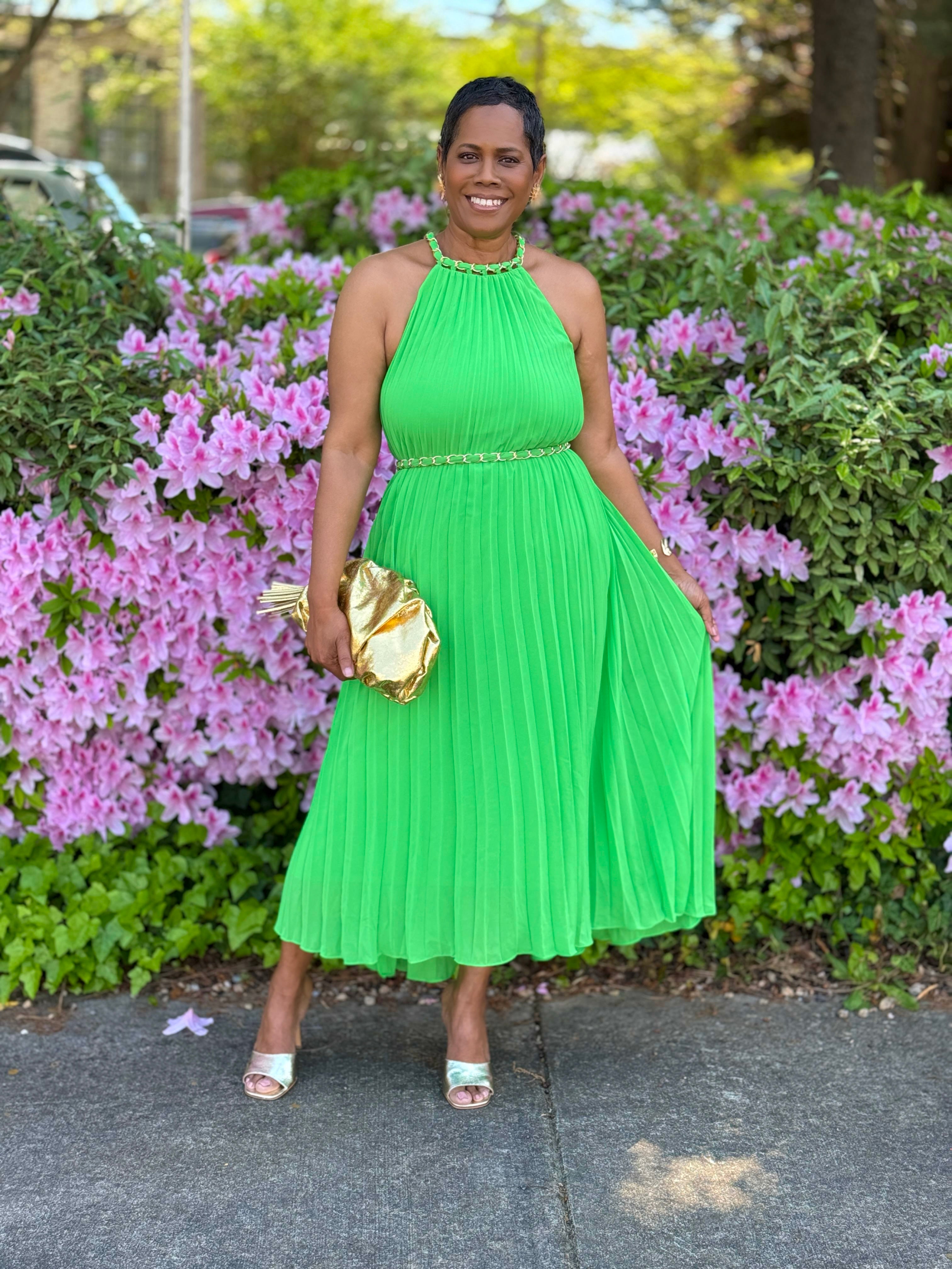 Pleated Chain Tie Waist Midi Dressy