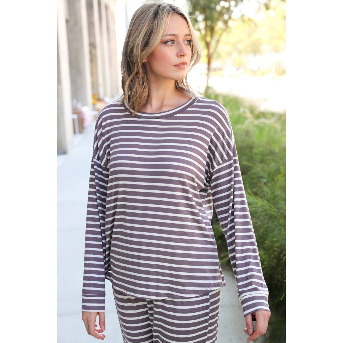 French Terry Animal Mix Lounge Set - Striped Print: Grey