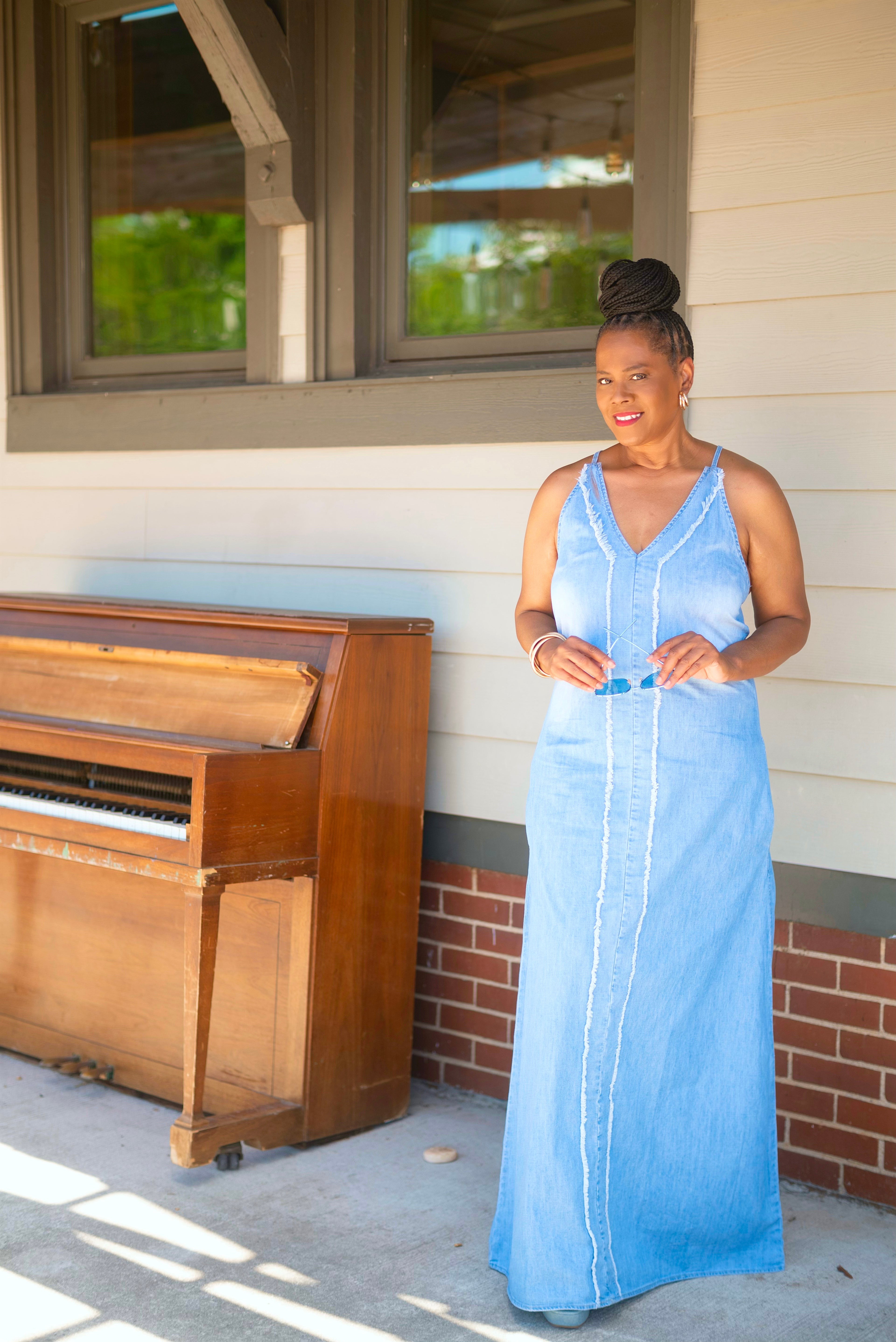 Denim front fringe maxi dress: DENIM BLUE / S-M-L-XL / 1-1-1-1