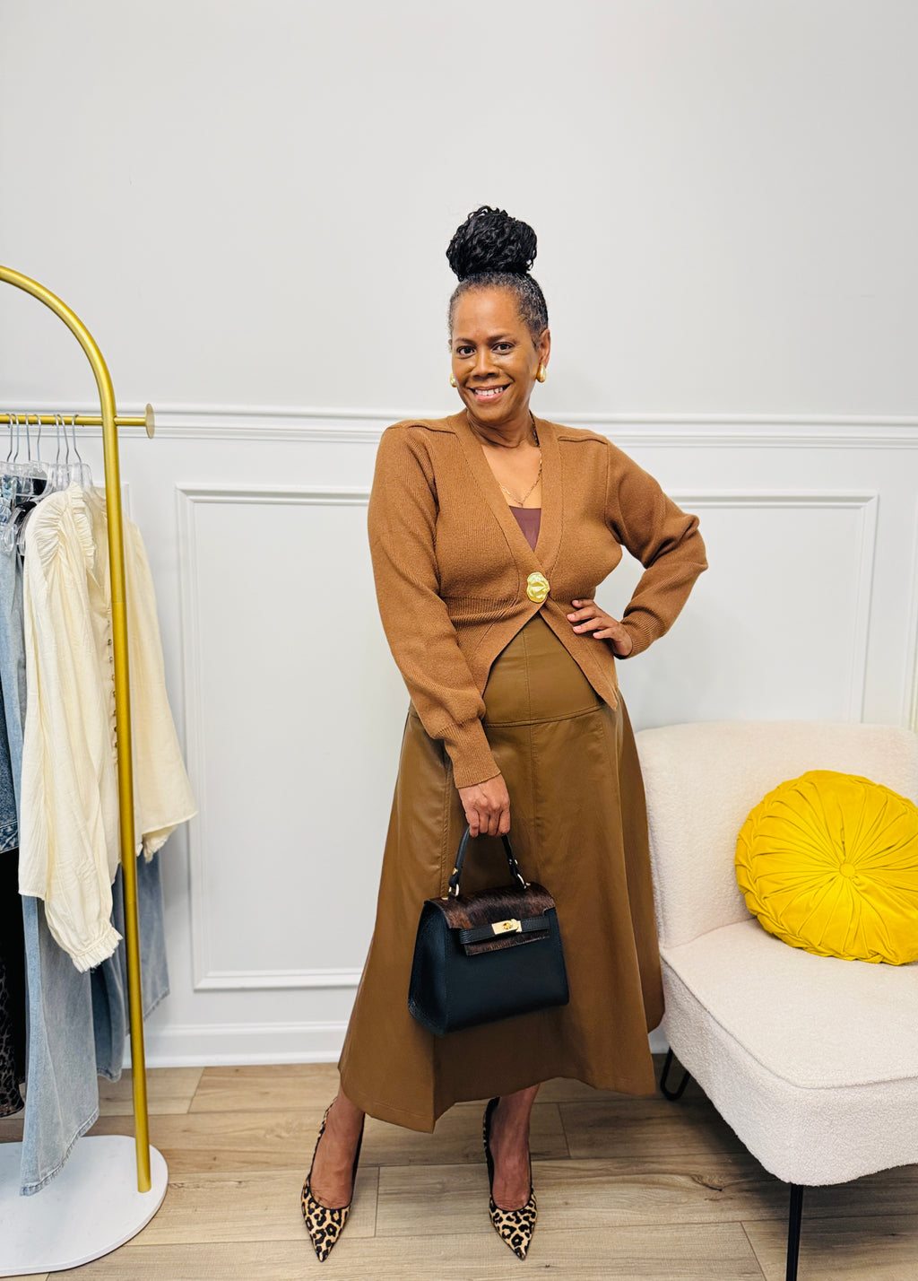 Brown Faux Leather A-Line Midi Skirt