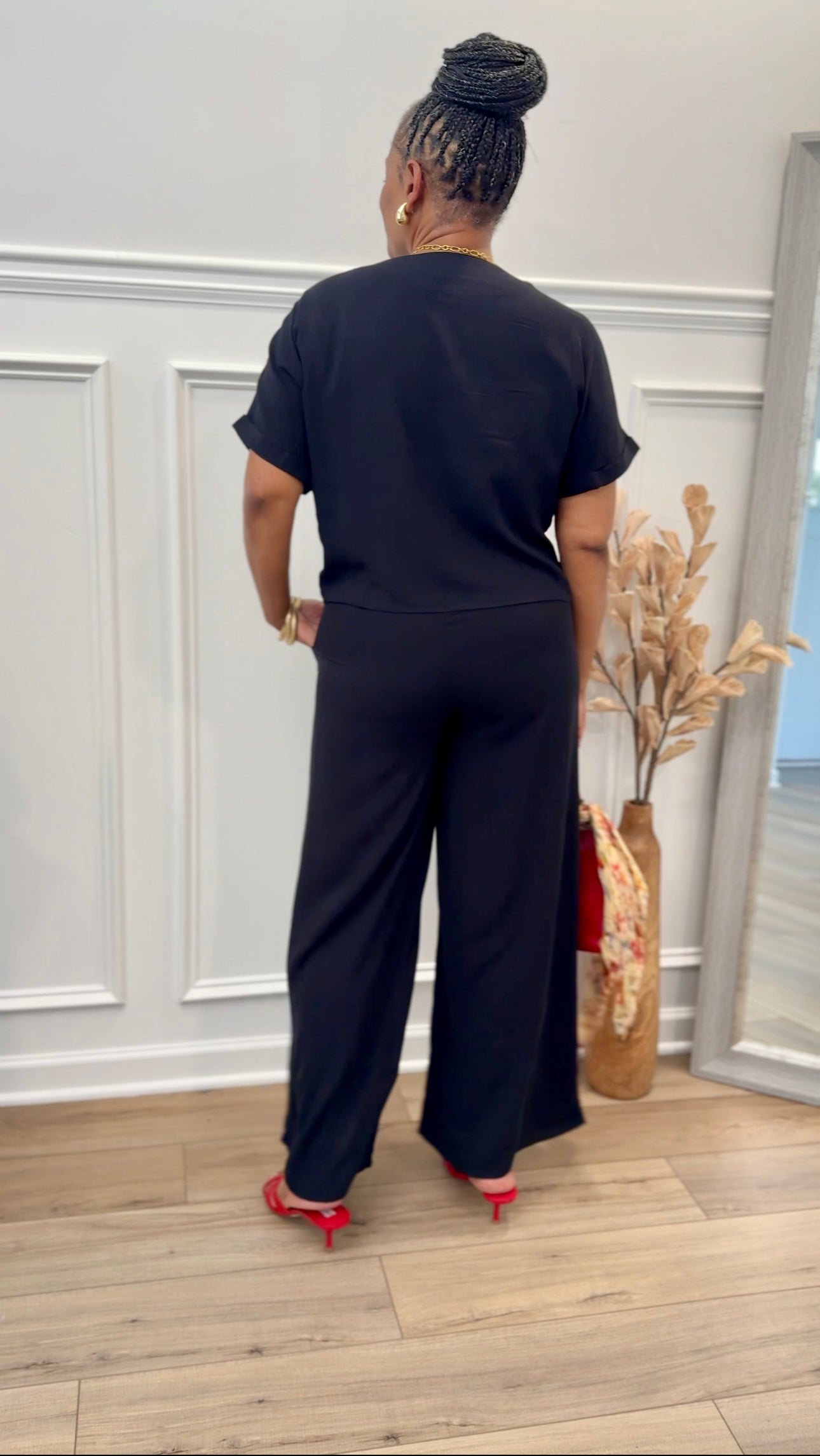 Woven Short Sleeve Long Pants Set: BLACK
