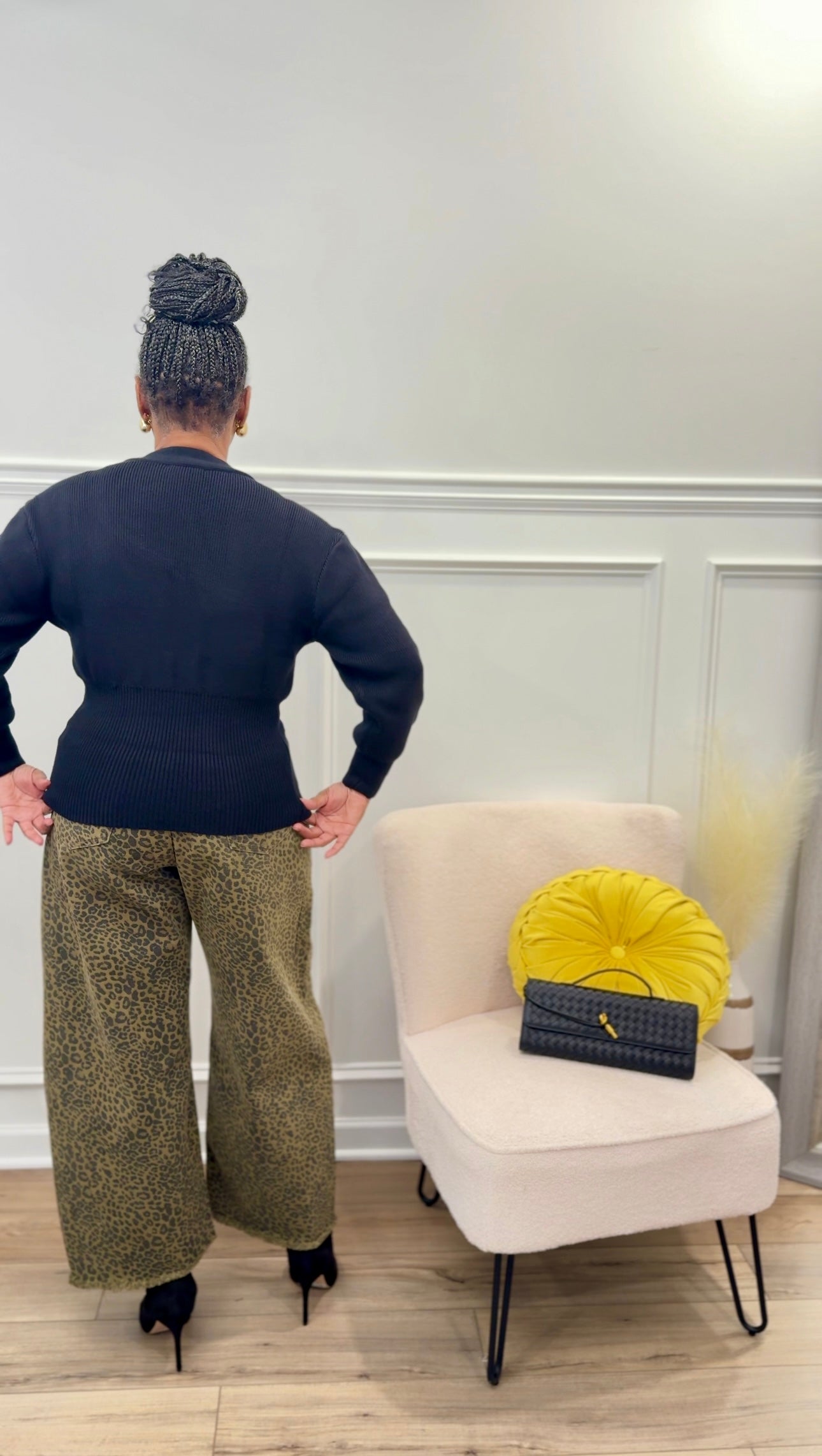 The Luxe Button Cardigan & Cheetah Barrel Jean