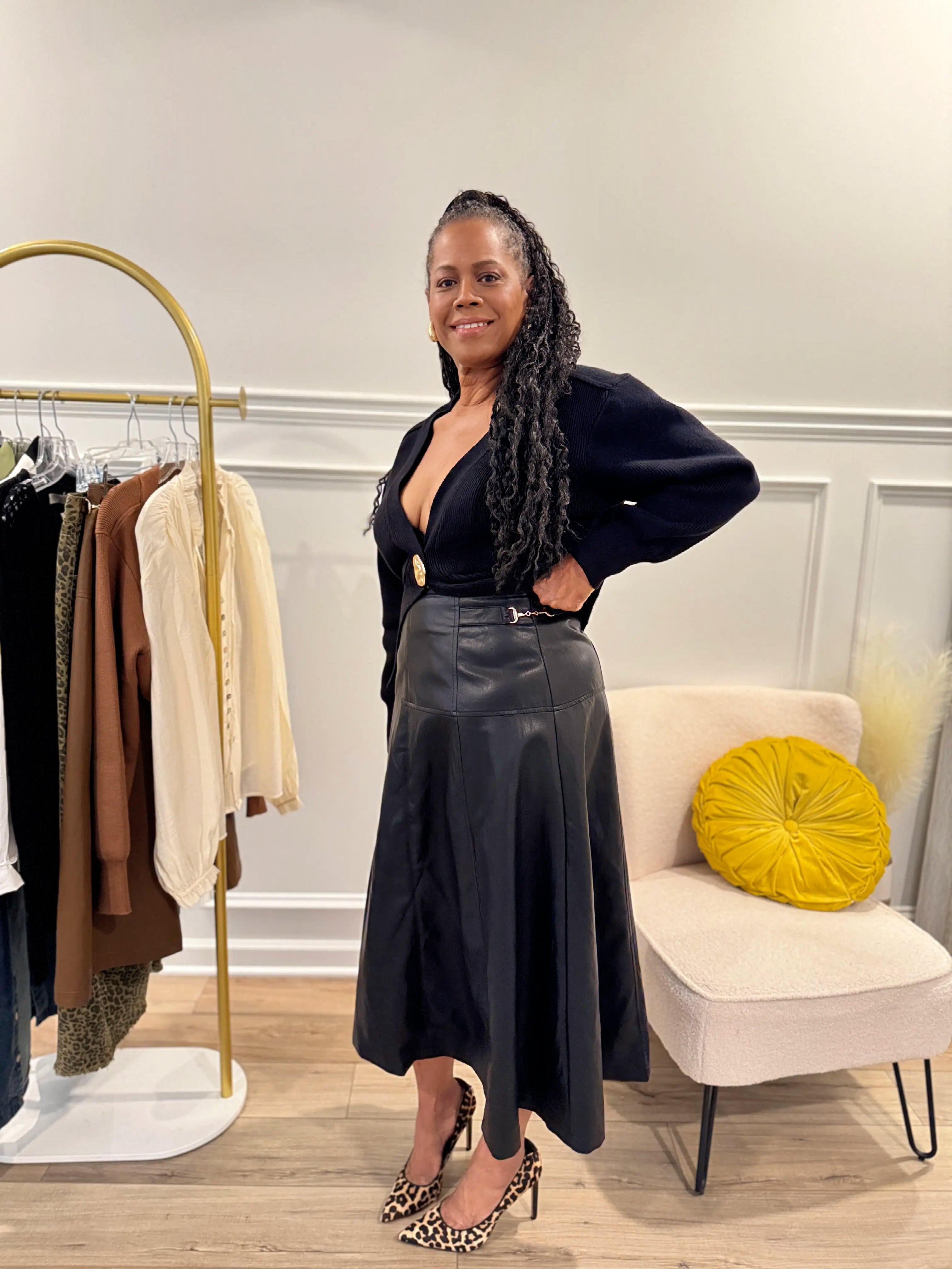 Faux Leather A-Line Midi Skirt: Black