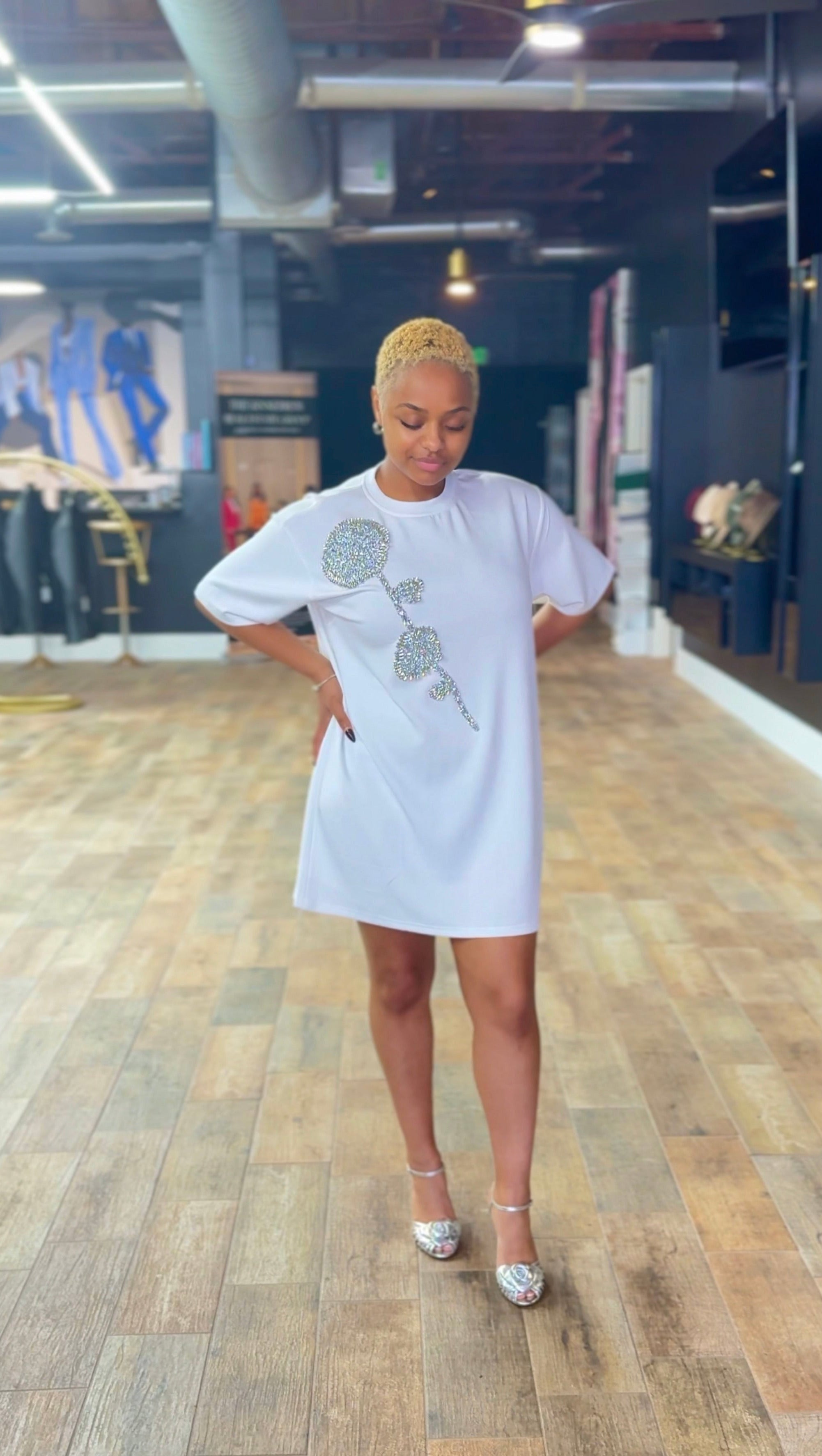 White Rhinestone Beaded Flower Embellished T-Shirt Dress
