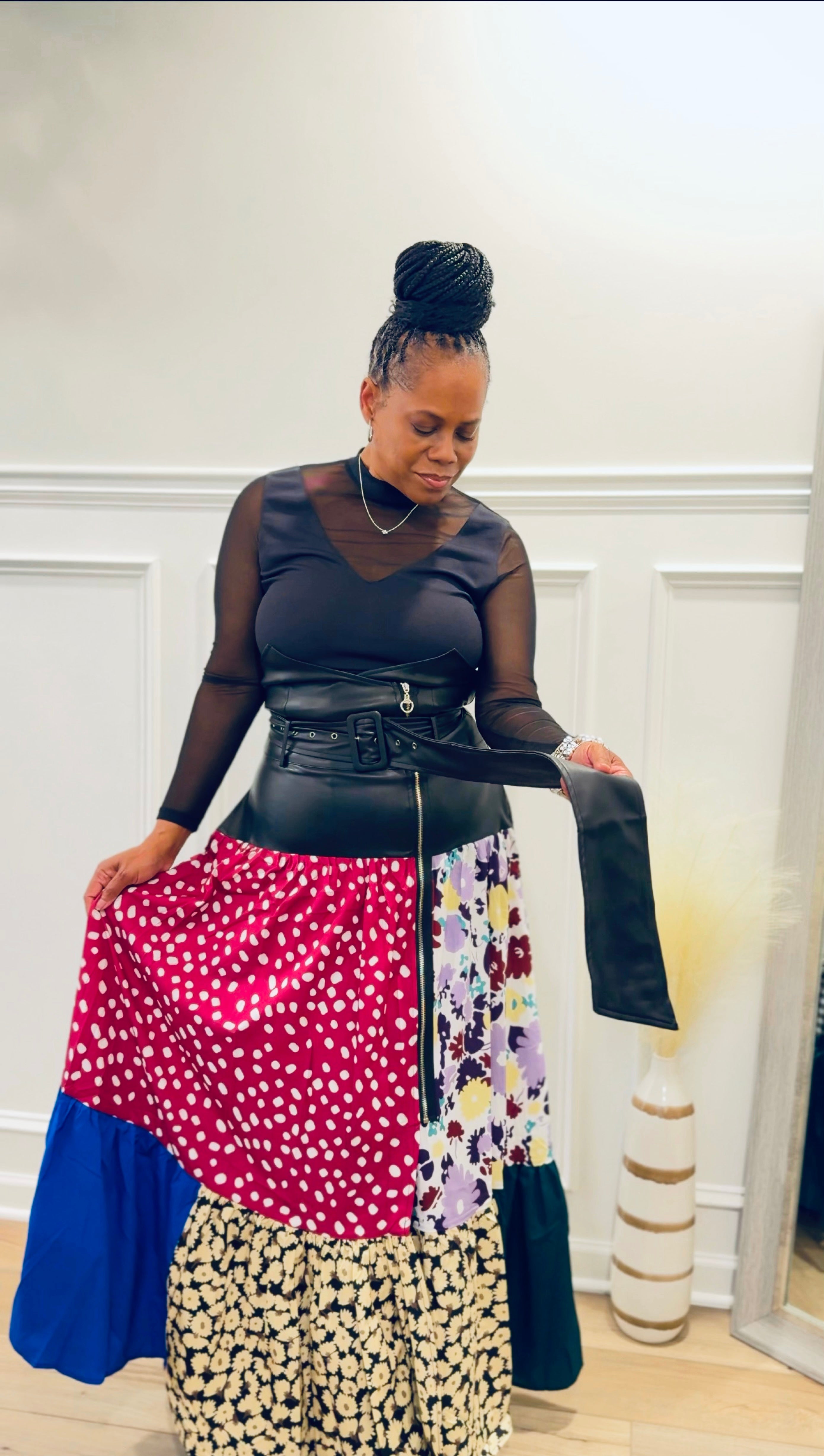 High Waisted Vegan Leather With Patch Print Maxi skirt