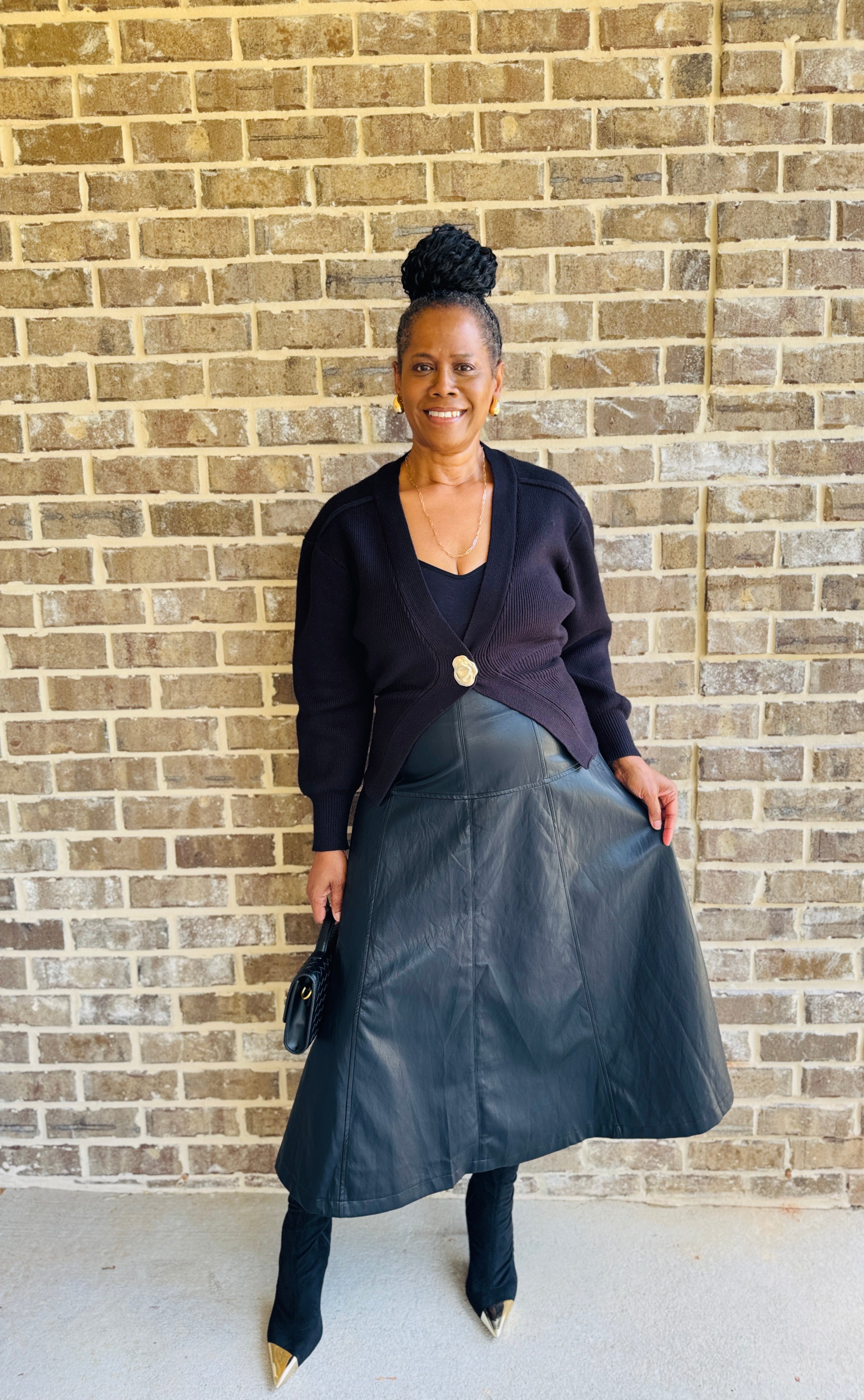 Black Faux Leather A-Line Midi Skirt