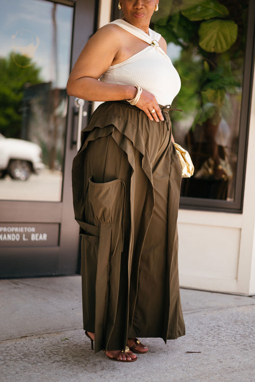 Ruffle Cargo Wide-Leg Pants: ARMY GREEN & BLACK