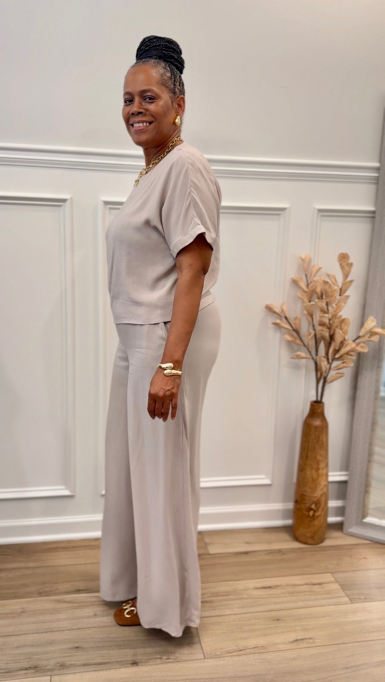 Woven Short Sleeve Long Pants Set: ASH MOCHA