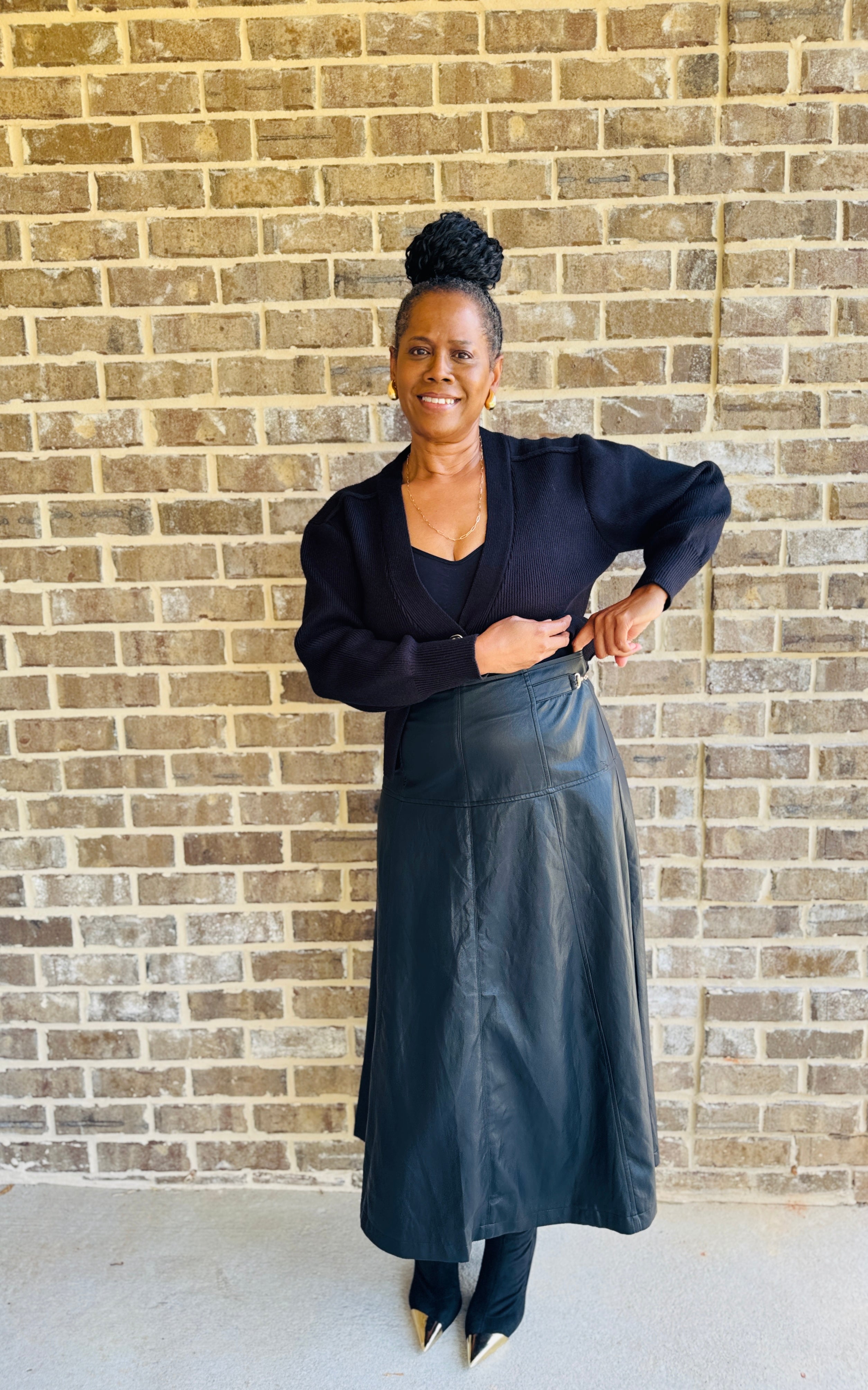 Black Faux Leather A-Line Midi Skirt
