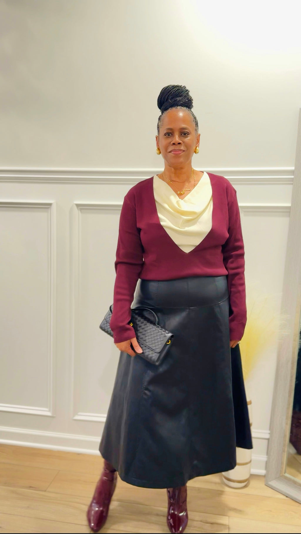 Two-Tone Knit Top with Draped Contrast Detail: BURGUNDY COMBO