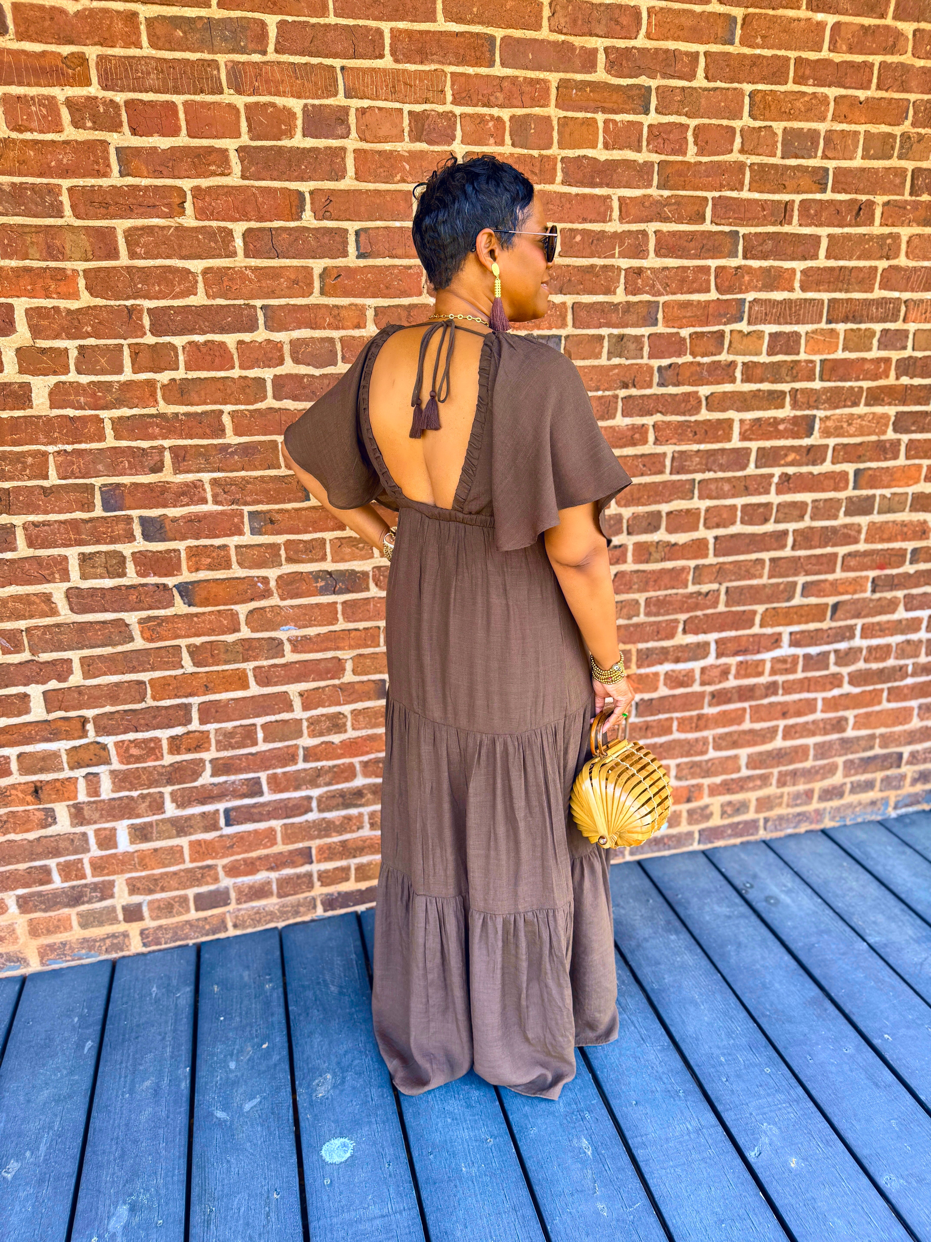V-Neck Flowy Sleeves Tiered Maxi Dress: MOCHA
