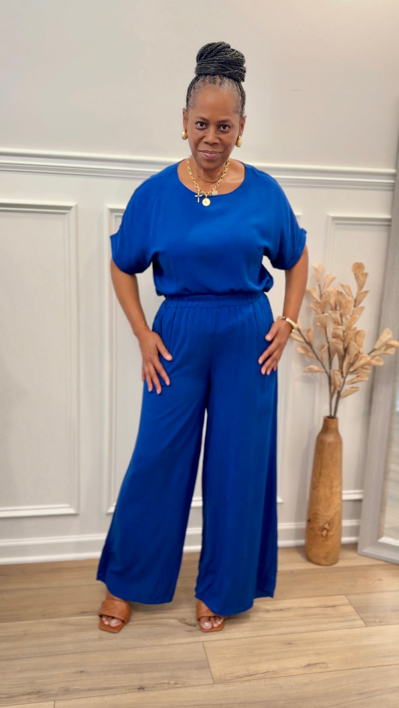 Woven Short Sleeve Long Pants Set: LT NAVY