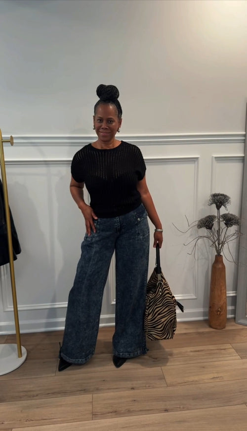 Crochet Knit Sheer Hollow Sweater: with matching tube top & Cinch Hem Wide Leg Jeans