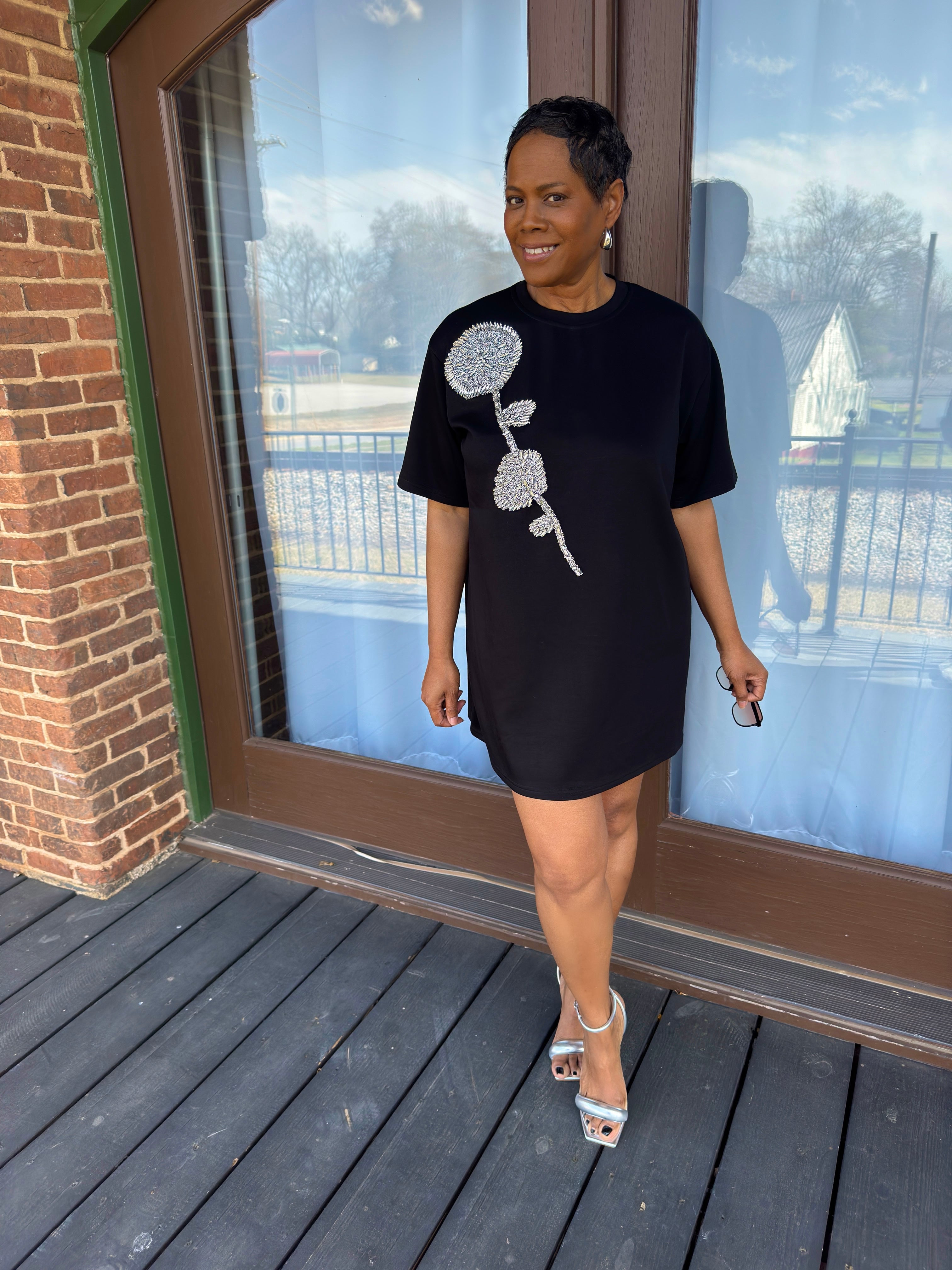 Black Rhinestone Beaded Flower Embellished T-Shirt Dress