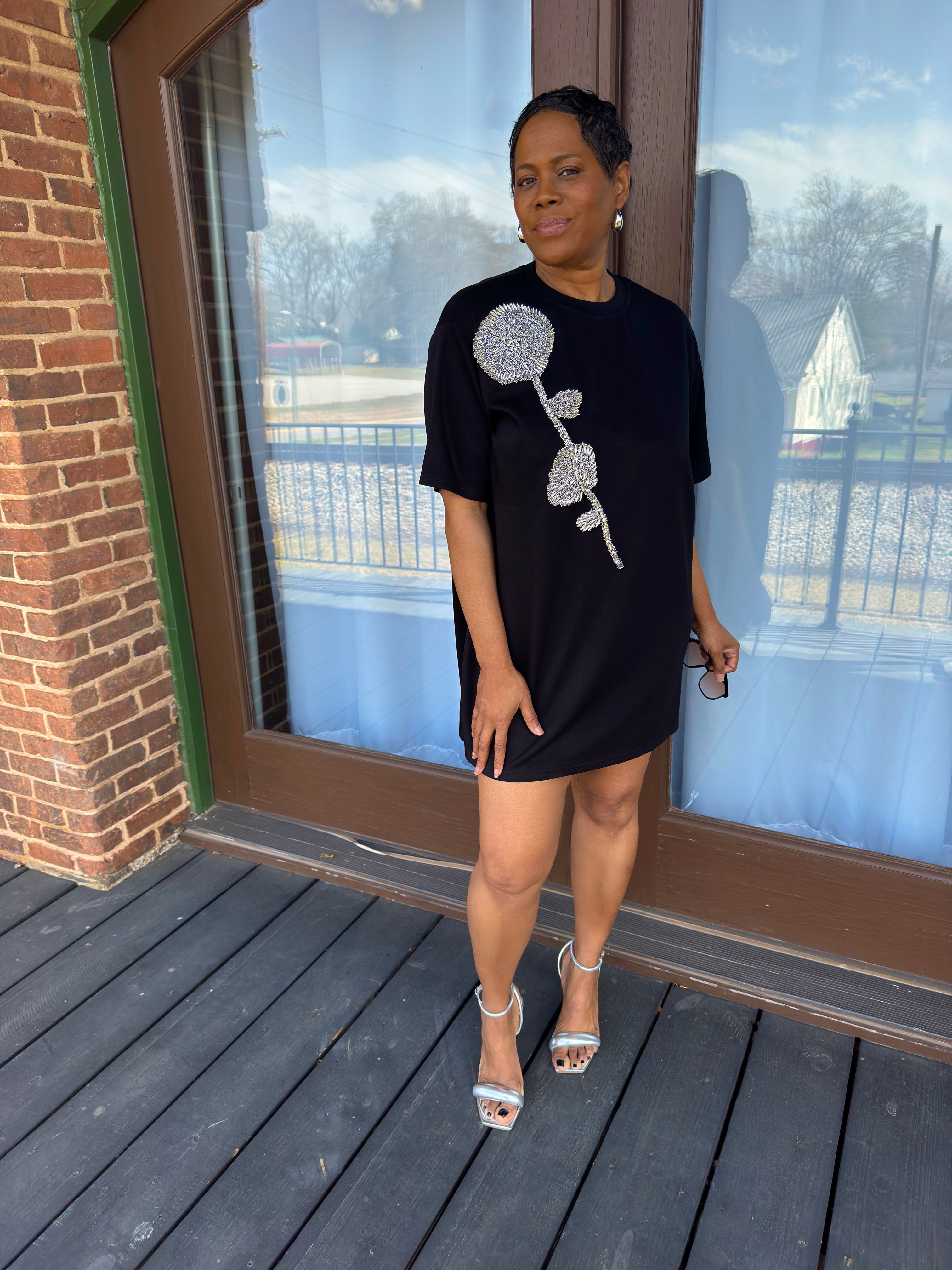 Black Rhinestone Beaded Flower Embellished T-Shirt Dress