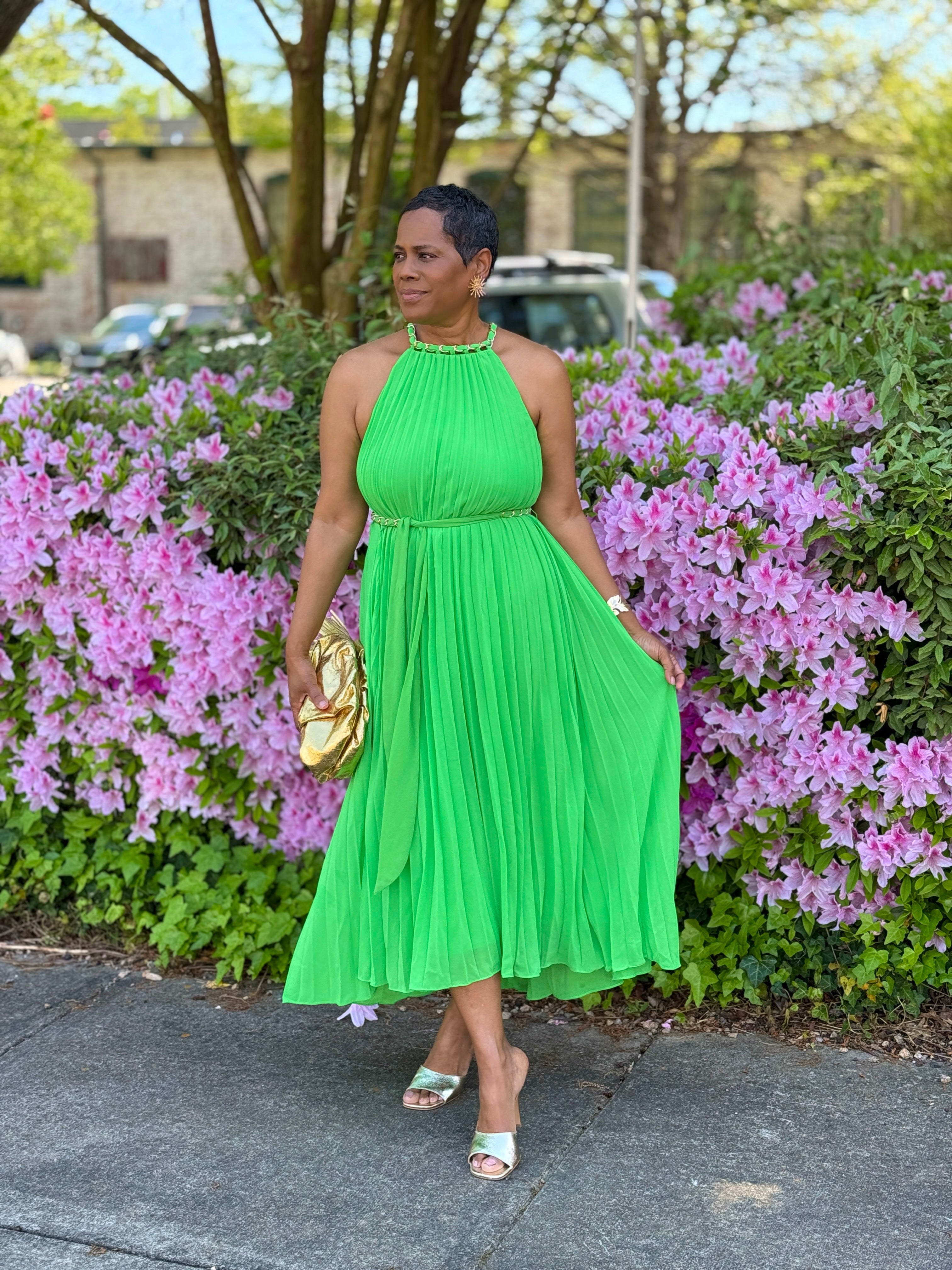 Pleated Chain Tie Waist Midi Dressy