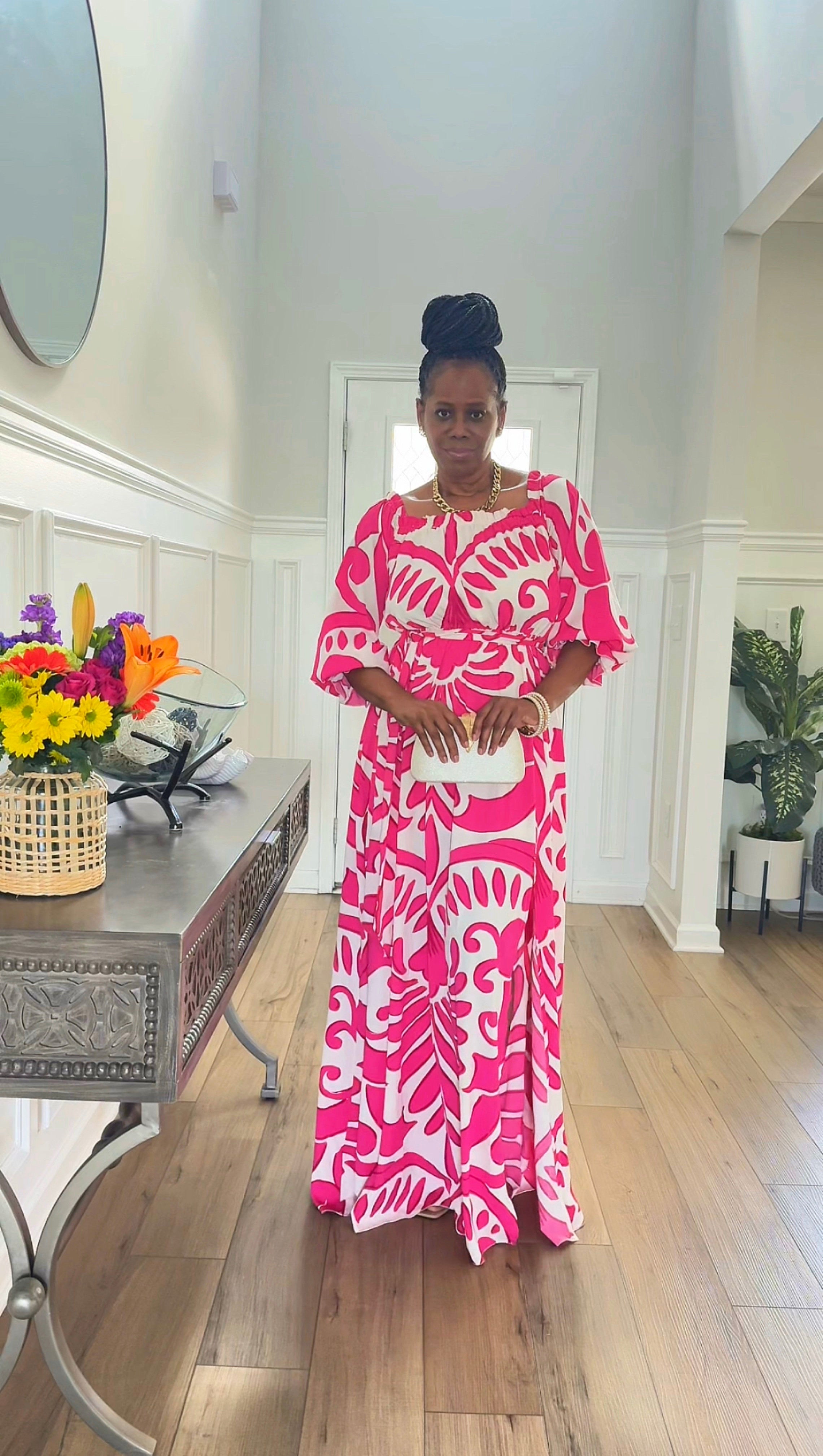PRINTED OFF SHOULDER MAXI DRESS WITH SLIT