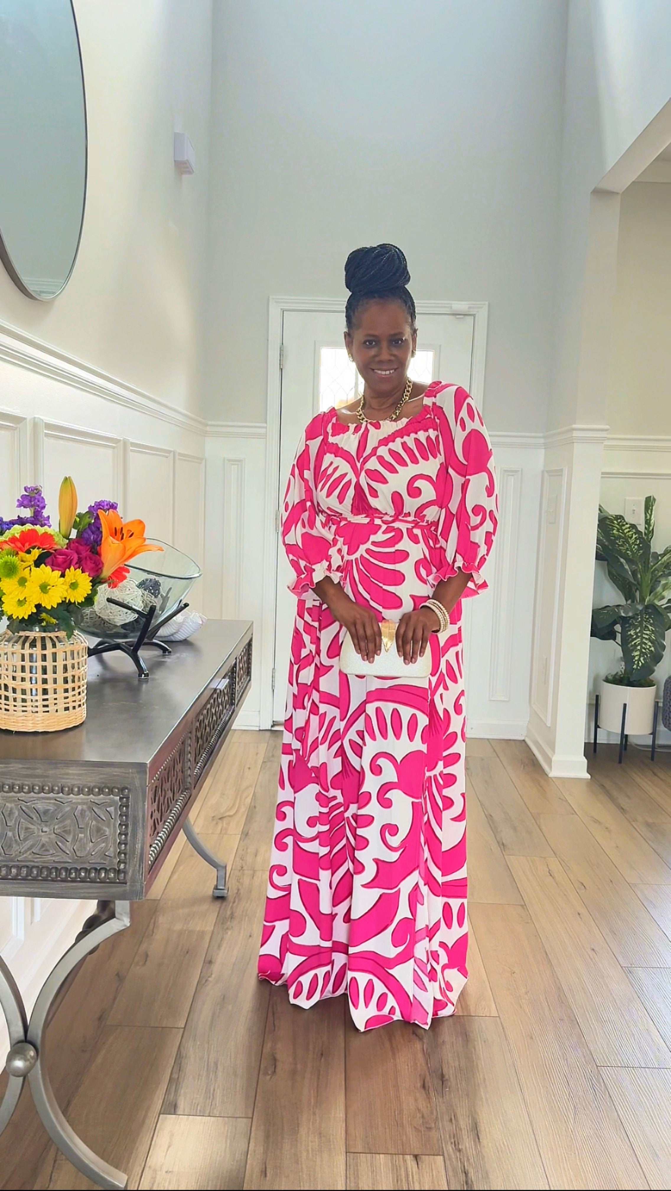 PRINTED OFF SHOULDER MAXI DRESS WITH SLIT