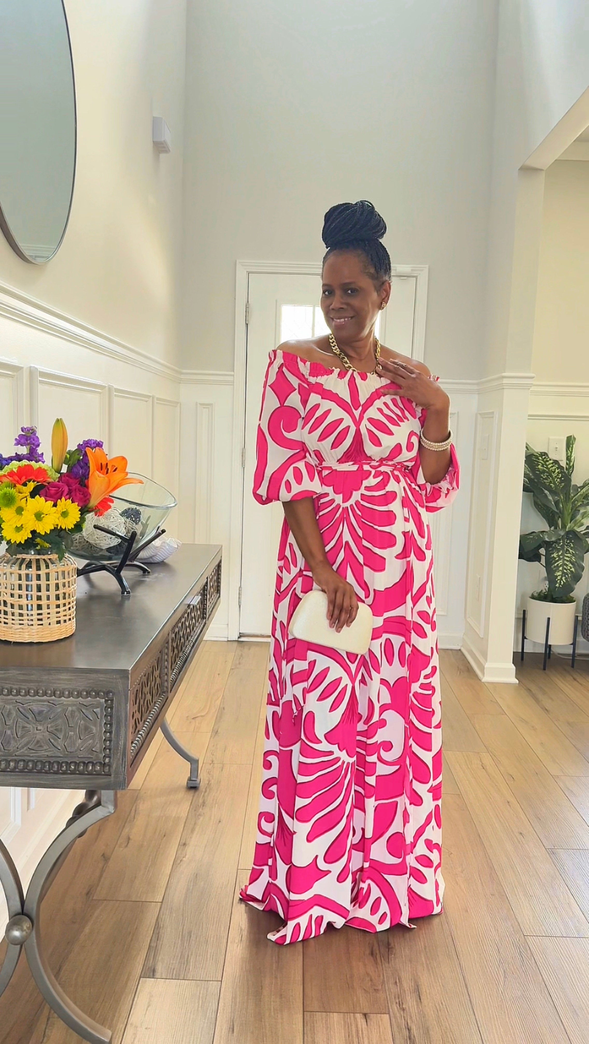 PRINTED OFF SHOULDER MAXI DRESS WITH SLIT