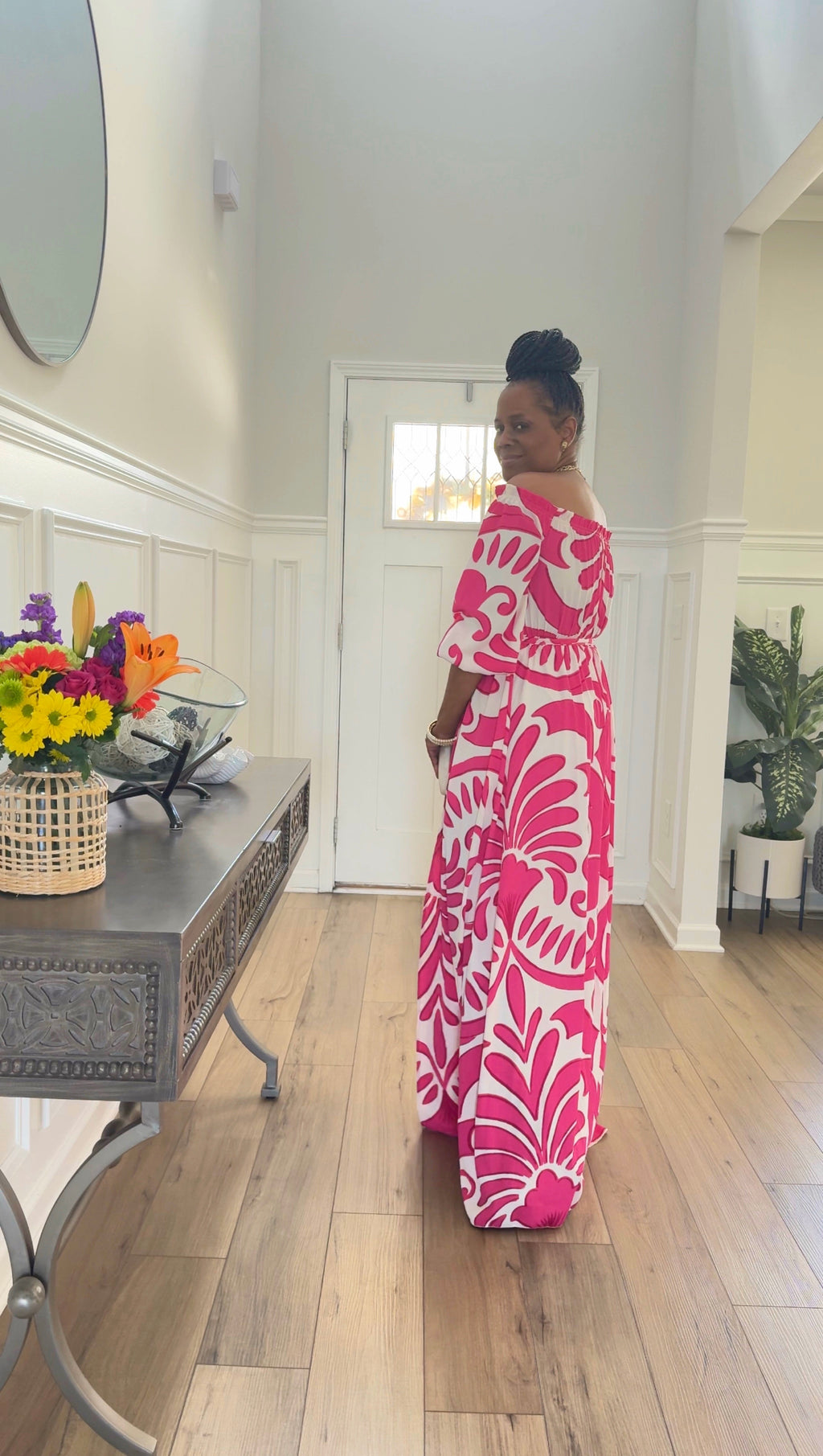 PRINTED OFF SHOULDER MAXI DRESS WITH SLIT