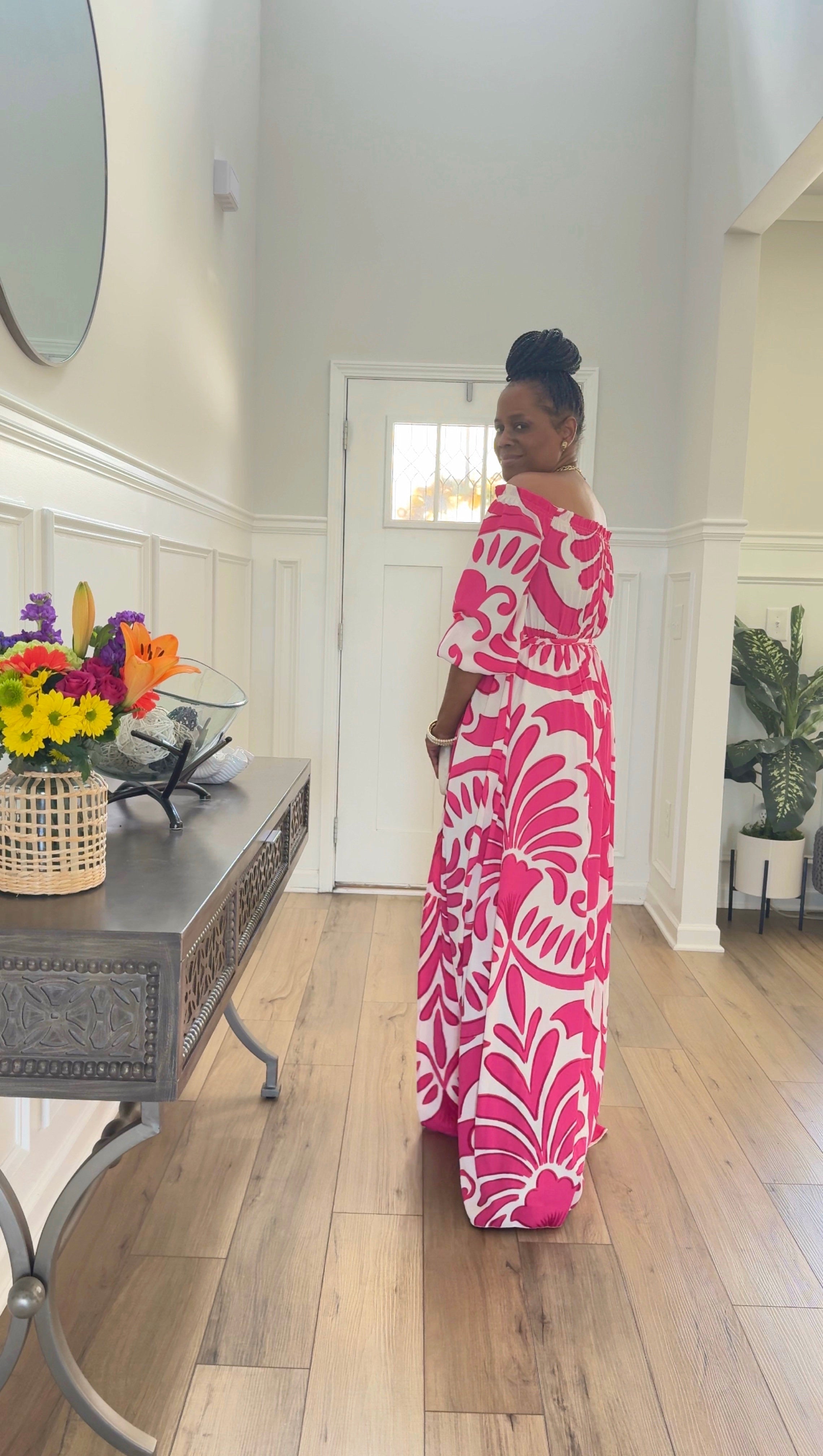 PRINTED OFF SHOULDER MAXI DRESS WITH SLIT
