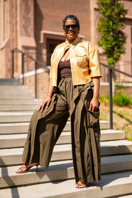 Ruffle Cargo Wide-Leg Pants: ARMY GREEN & BLACK