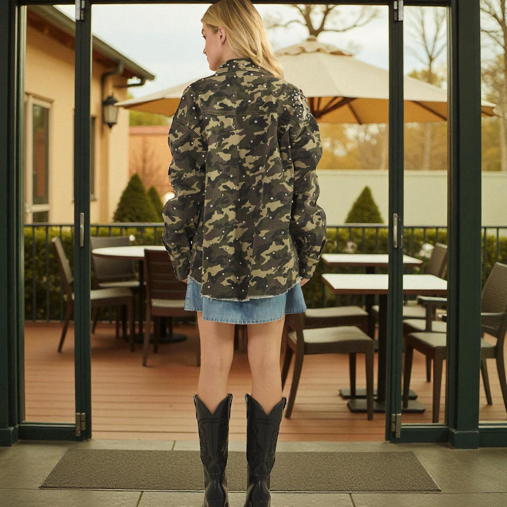 Printed Rhinestone Denim Jacket: Camo