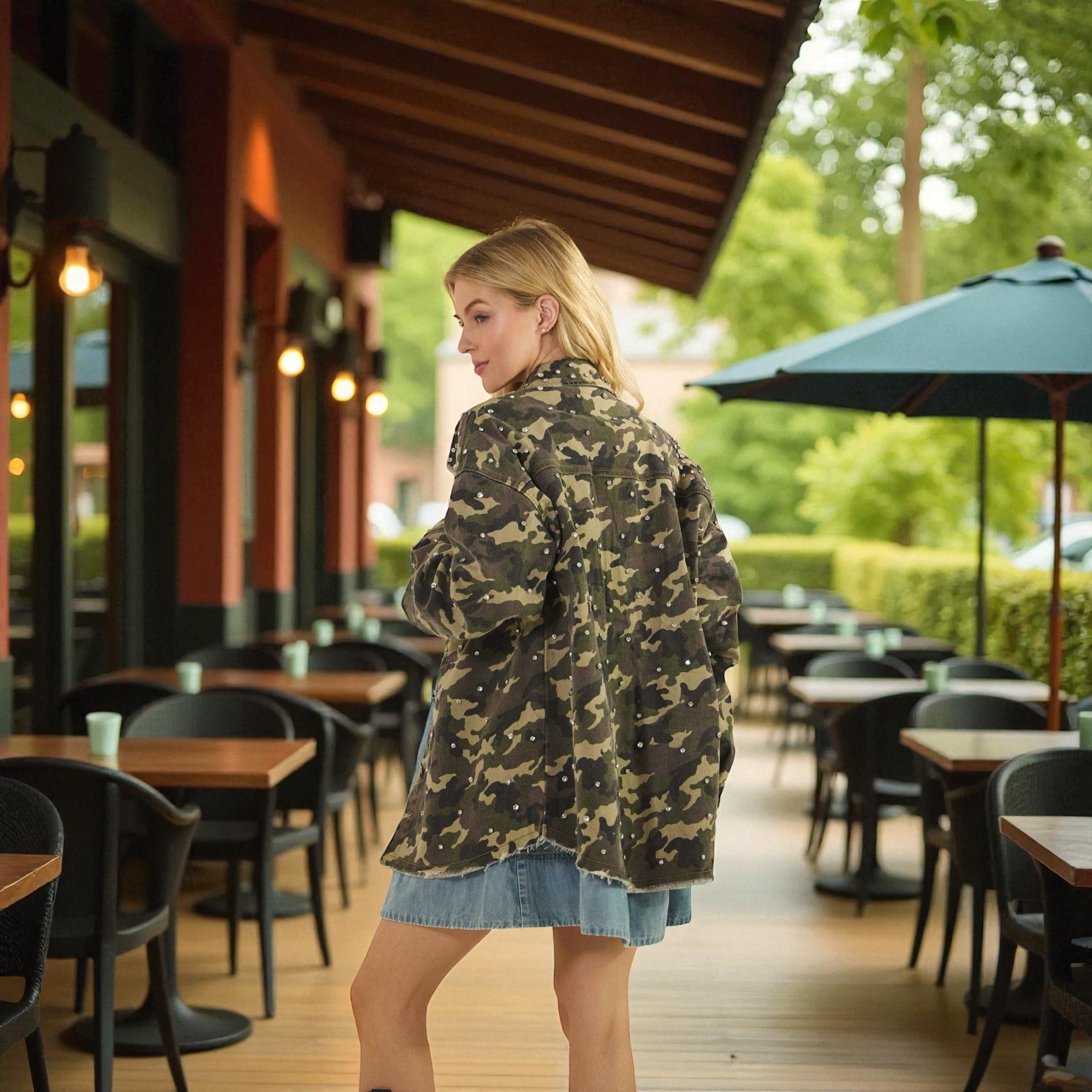 Printed Rhinestone Denim Jacket: Camo