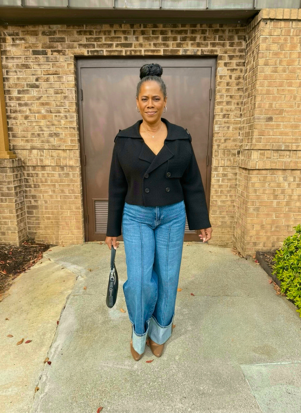 Double Breast Sweater Trench Jacket: BLACK