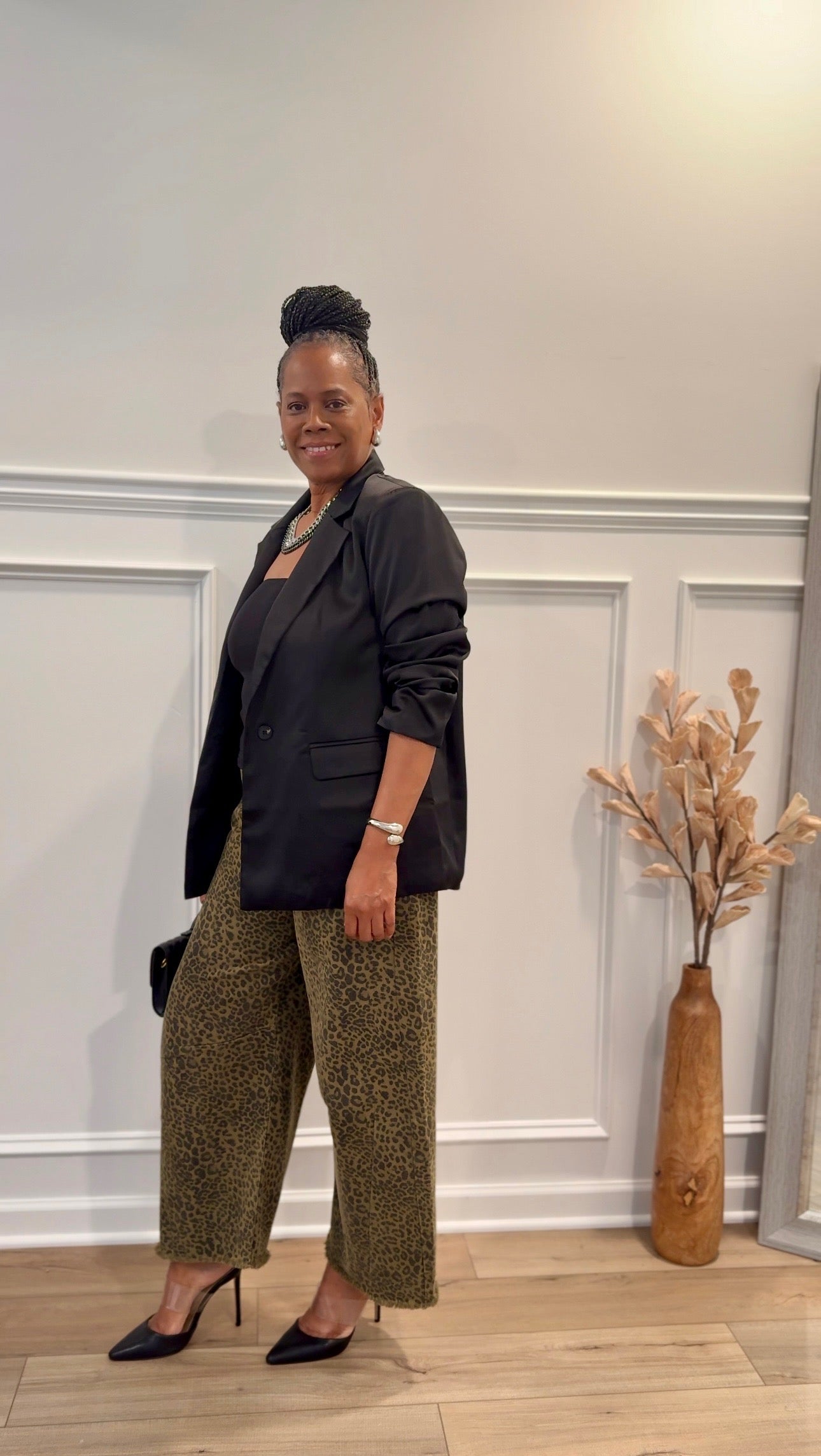 Satin Blazer & Cheetah Barrel Jeans