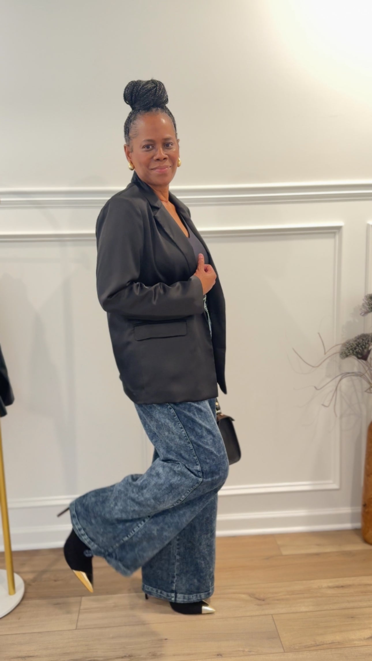Satin Blazer & Cinch Hem Wide Leg Jeans