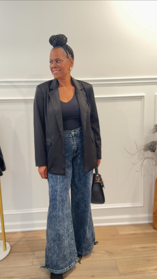 Satin Blazer & Cinch Hem Wide Leg Jeans