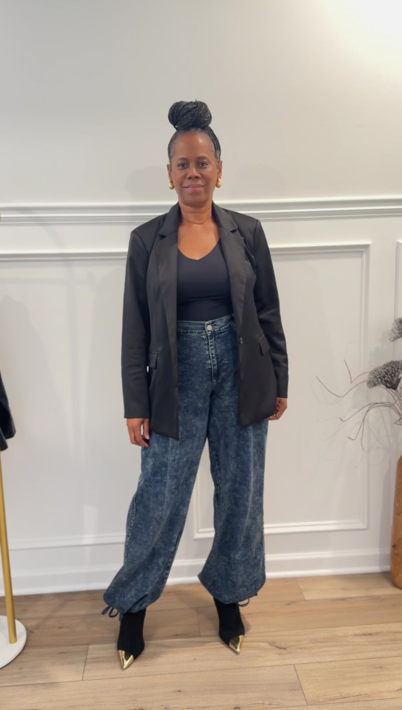Satin Blazer & Cinch Hem Wide Leg Jeans