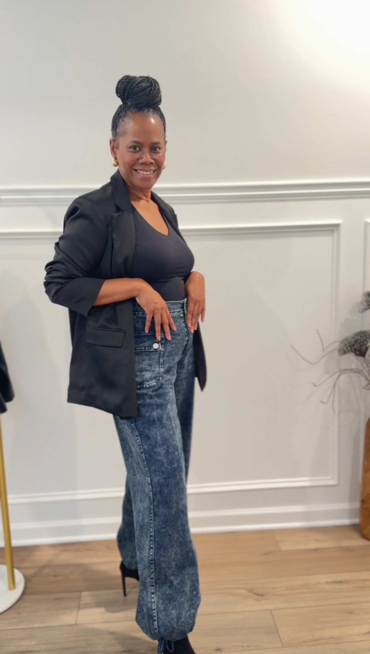 Satin Blazer & Cinch Hem Wide Leg Jeans