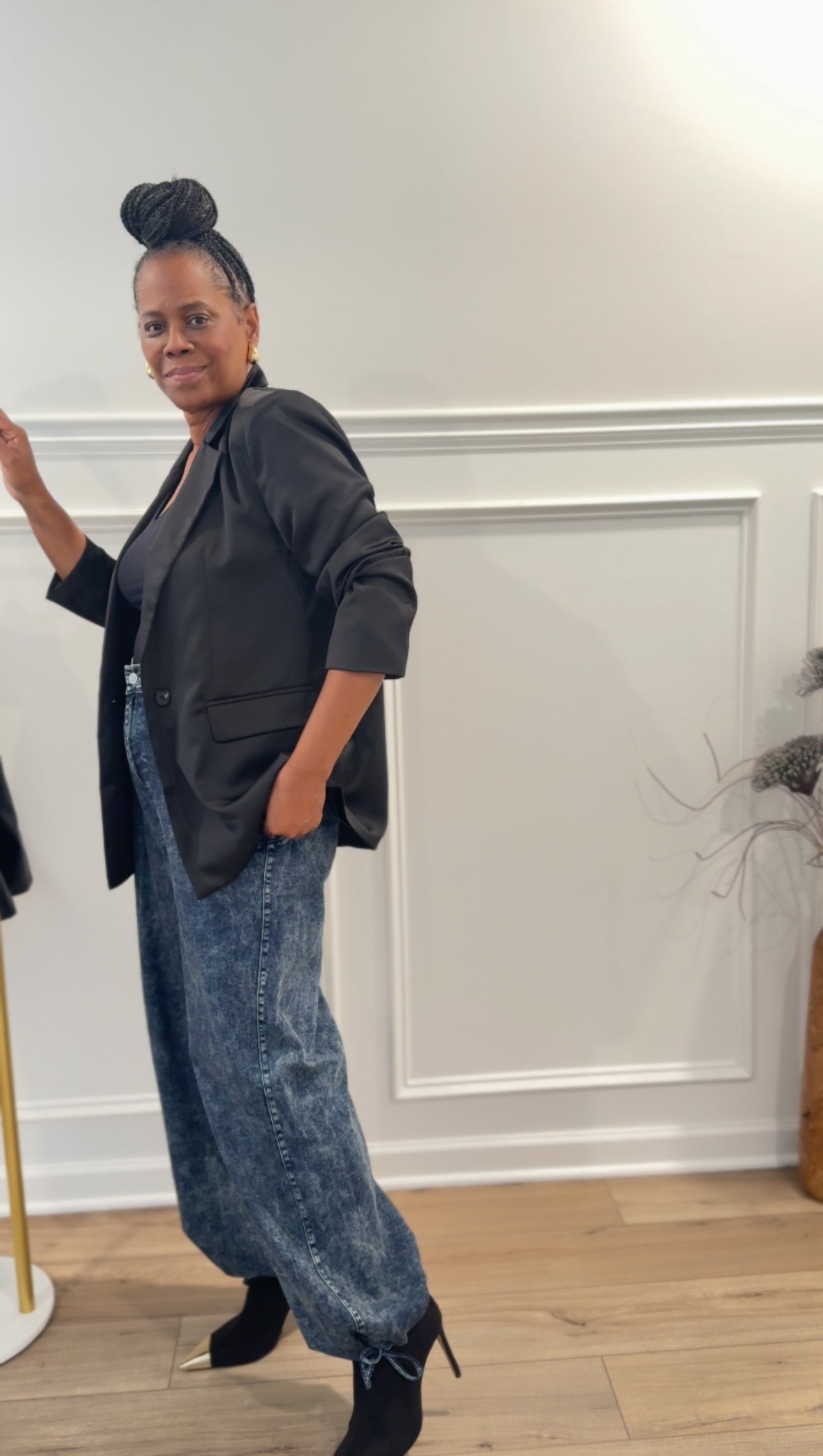 Satin Blazer & Cinch Hem Wide Leg Jeans