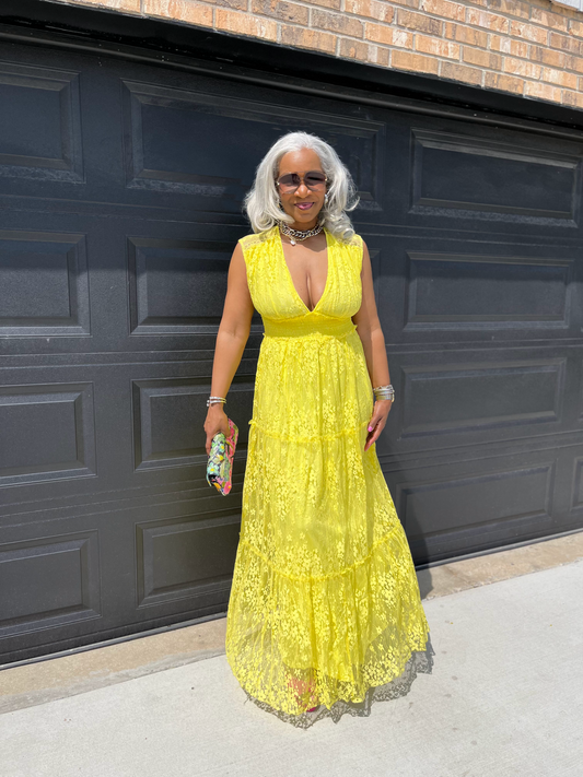 Yellow Lace Smocking Waist Ruffled Maxi Dress