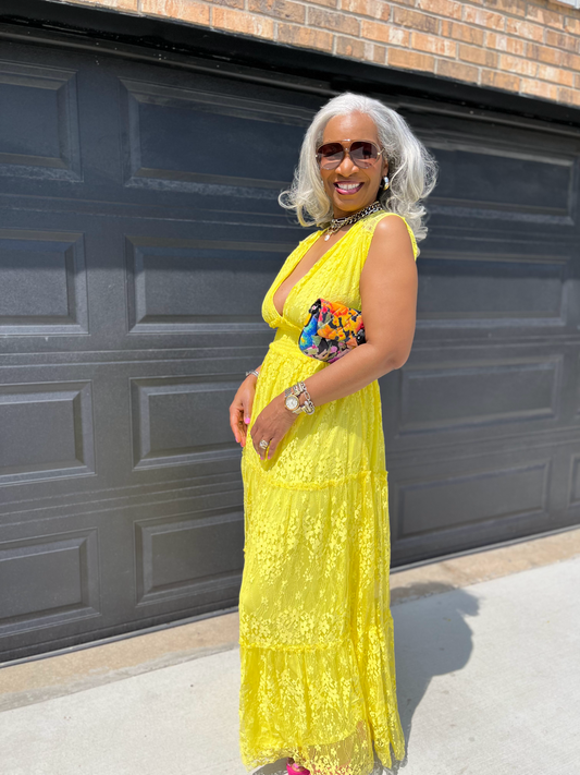 Yellow Lace Smocking Waist Ruffled Maxi Dress